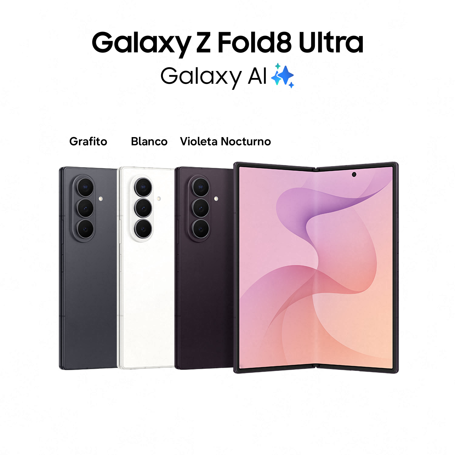 Galaxy Z Fold8 Ultra en grafito, blanco y violeta. Teléfono plegado muestra arte abstracto rosa y morado.