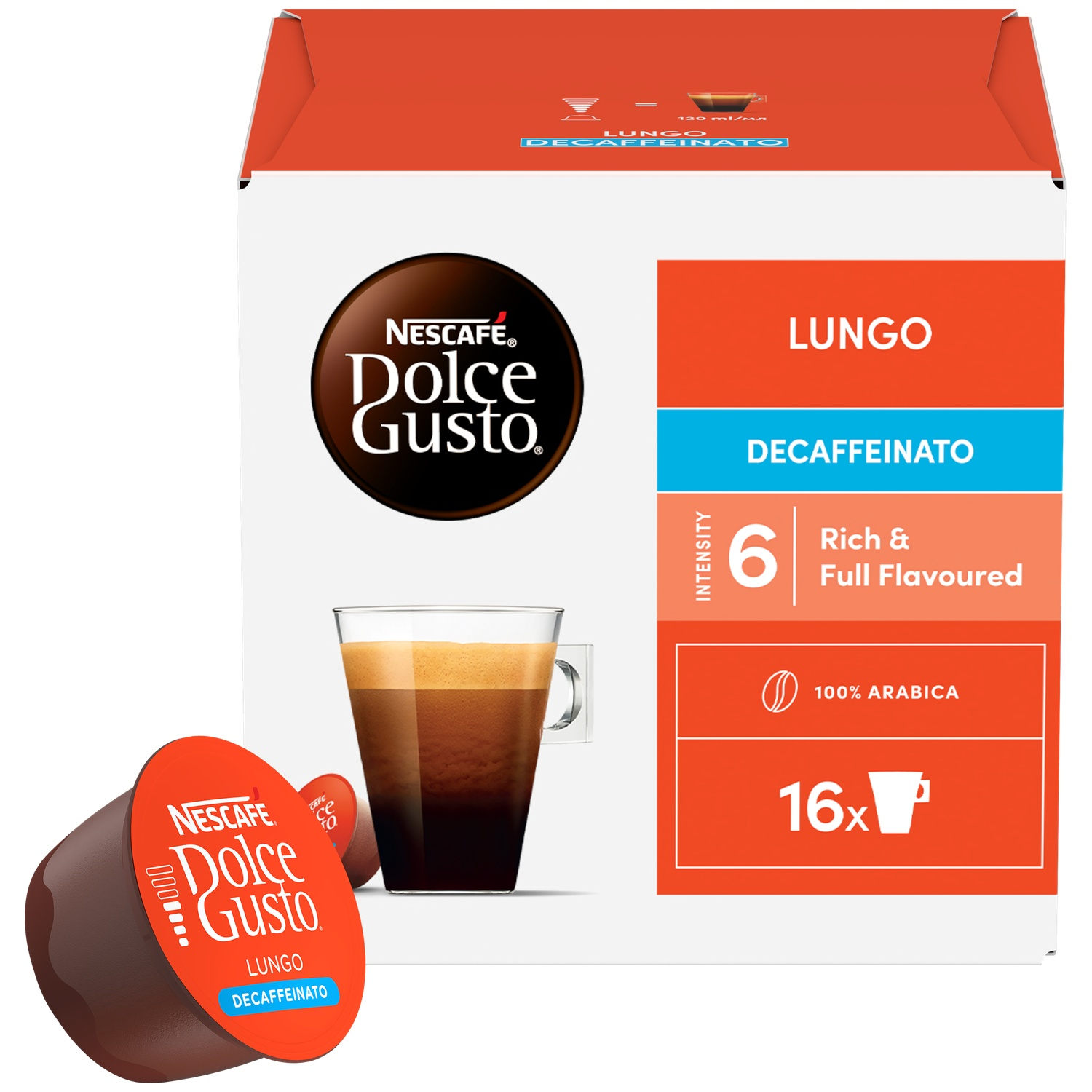 Nescafé Dolce Gusto Lungo Decaffeinato box with capsules and coffee.