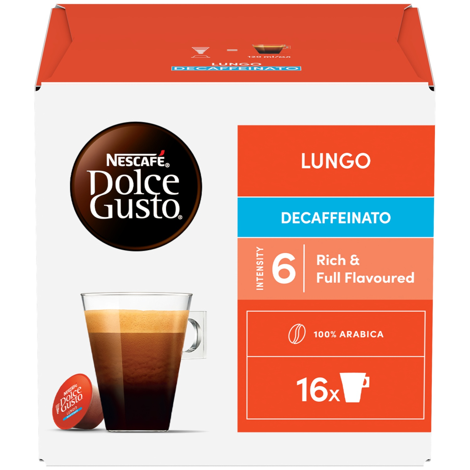 Pack of Nescafé Dolce Gusto Lungo Decaffeinato with coffee pod and glass of coffee.