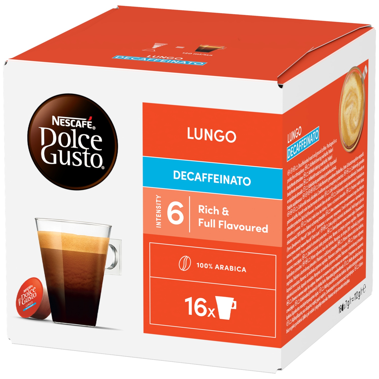 NESCAFÉ Dolce Gusto Lungo Decaffeinato coffee box, with a cup of coffee.