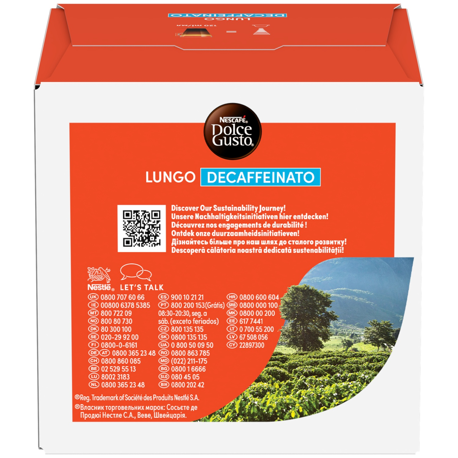 NESCAFÉ Dolce Gusto Lungo Decaffeinato pack with sustainability info and contact numbers.