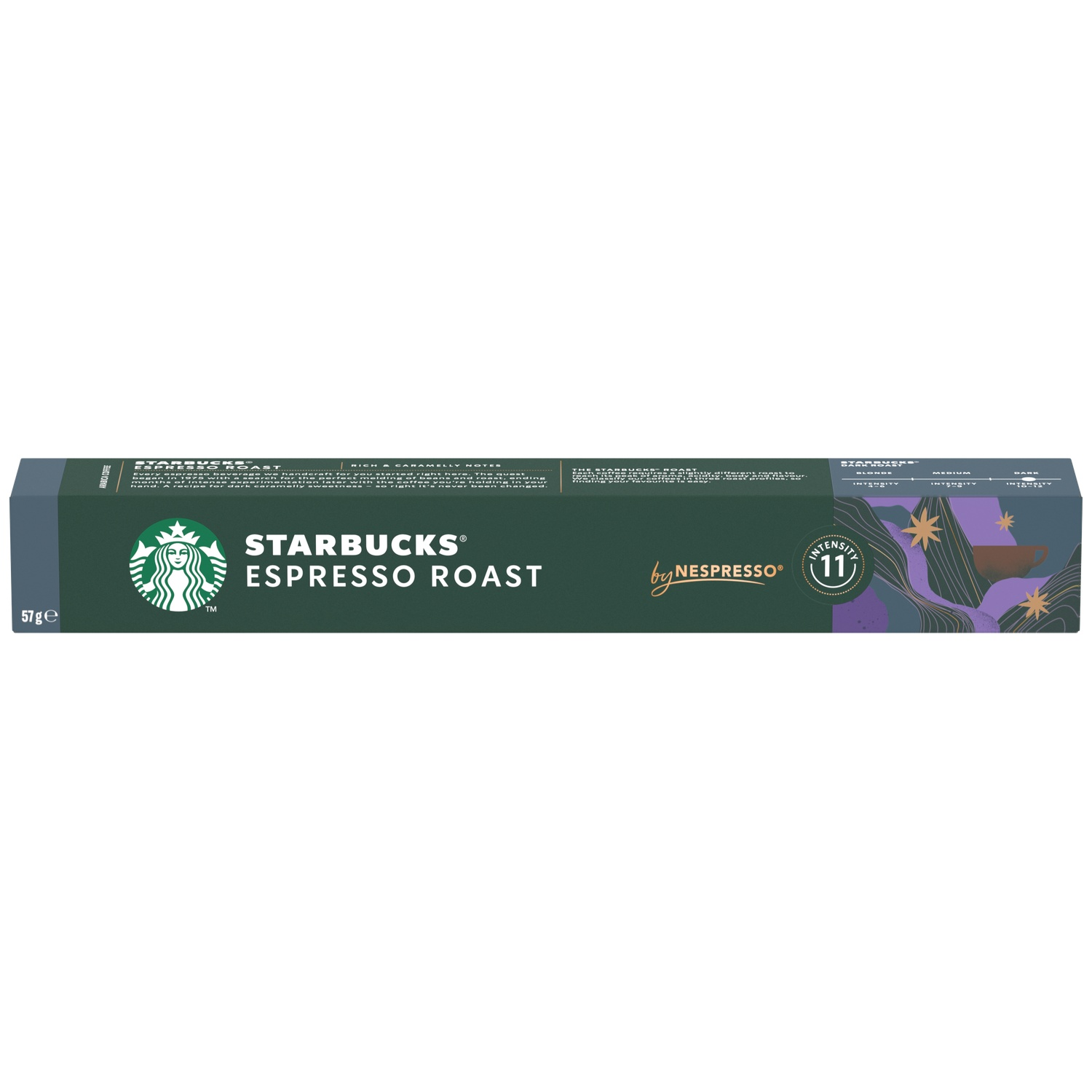 Starbucks Espresso Roast capsules with intensity 11 on a dark background.