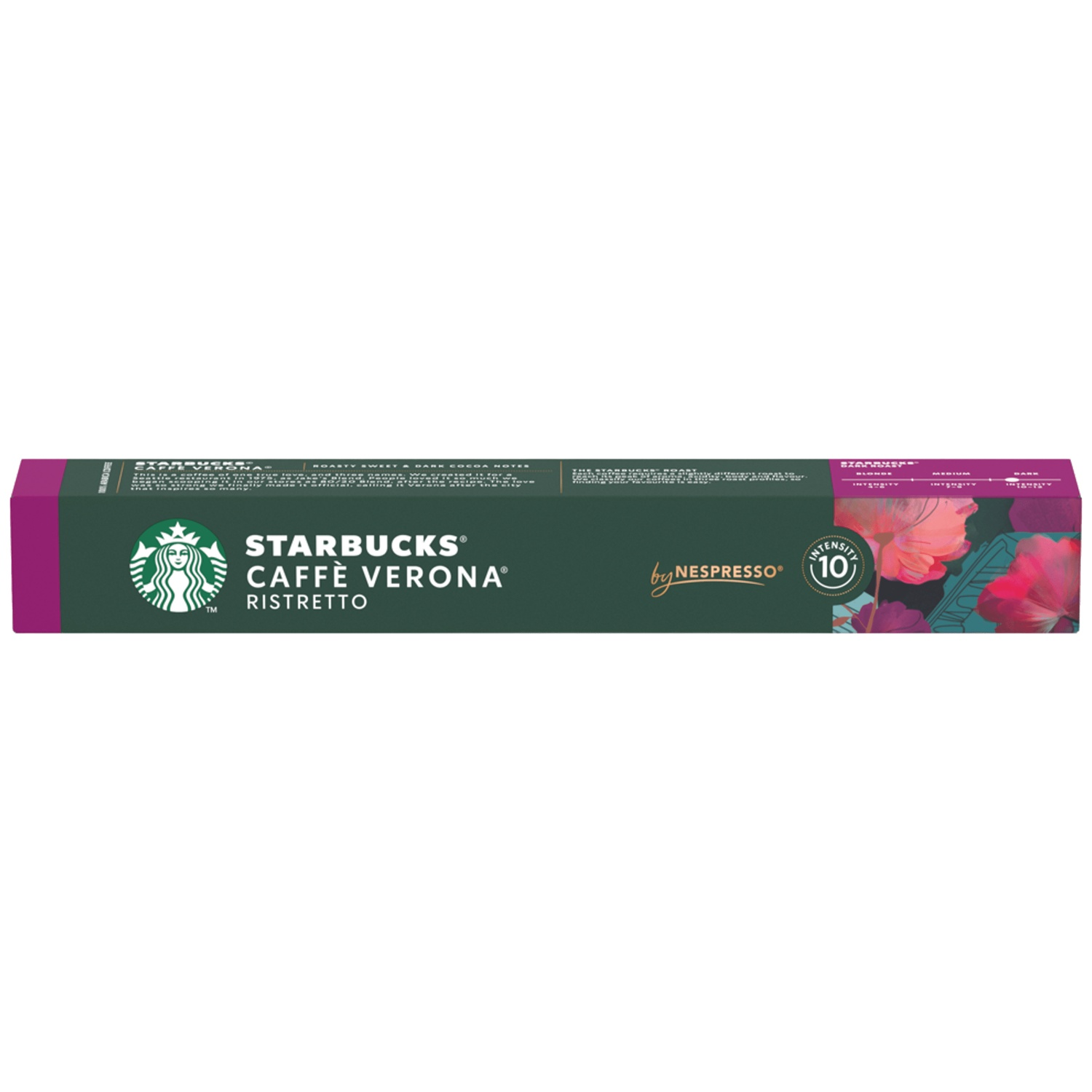 Starbucks Caffe Verona Ristretto coffee pods with intensity 10, floral design.
