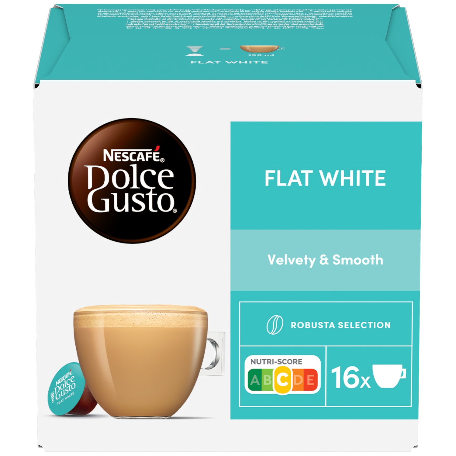 Nescafe Dolce Gusto Flat White box with a cup of coffee and capsules.