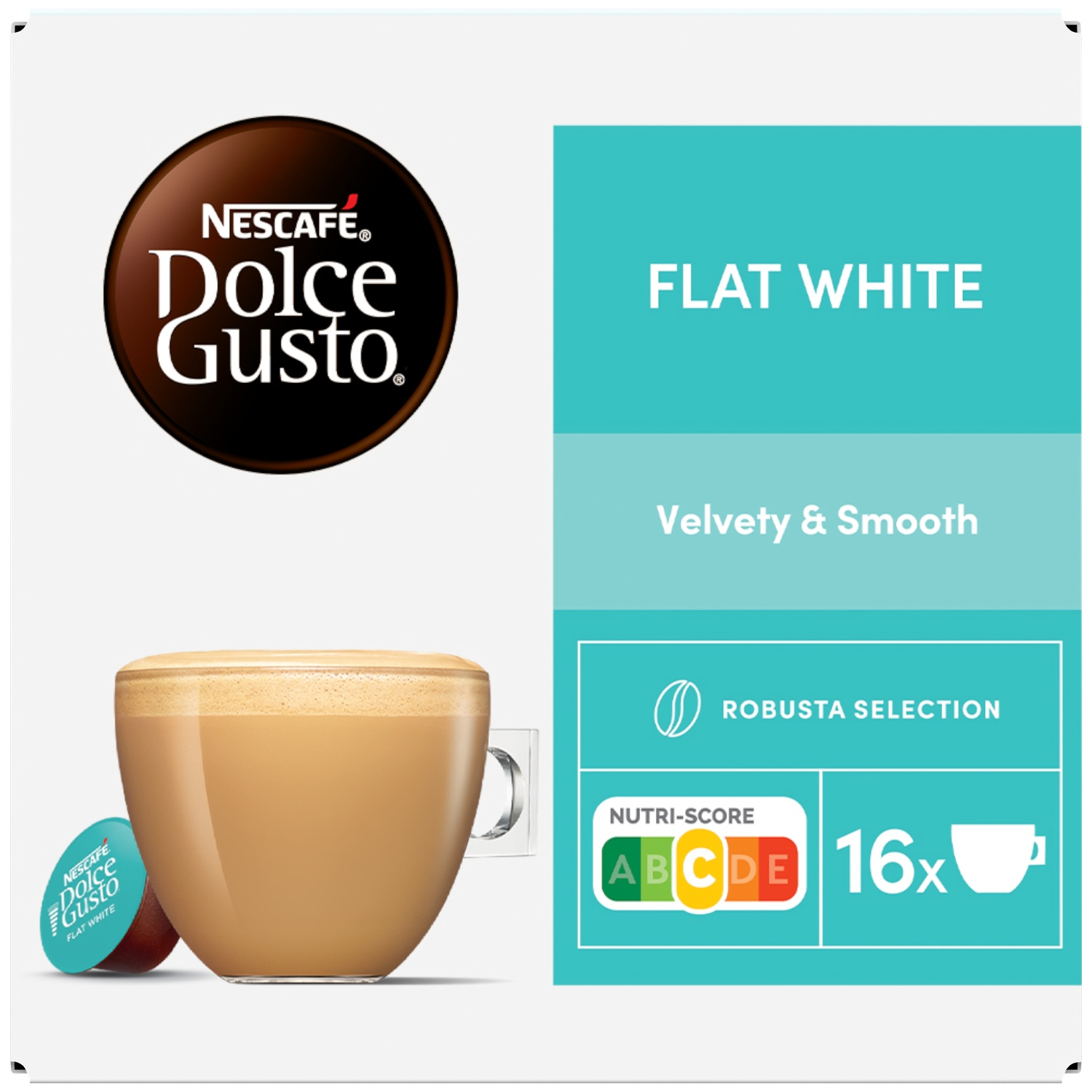 Dolce Gusto Flat White with foam, capsule, Nutri-Score and 16x cup icon.