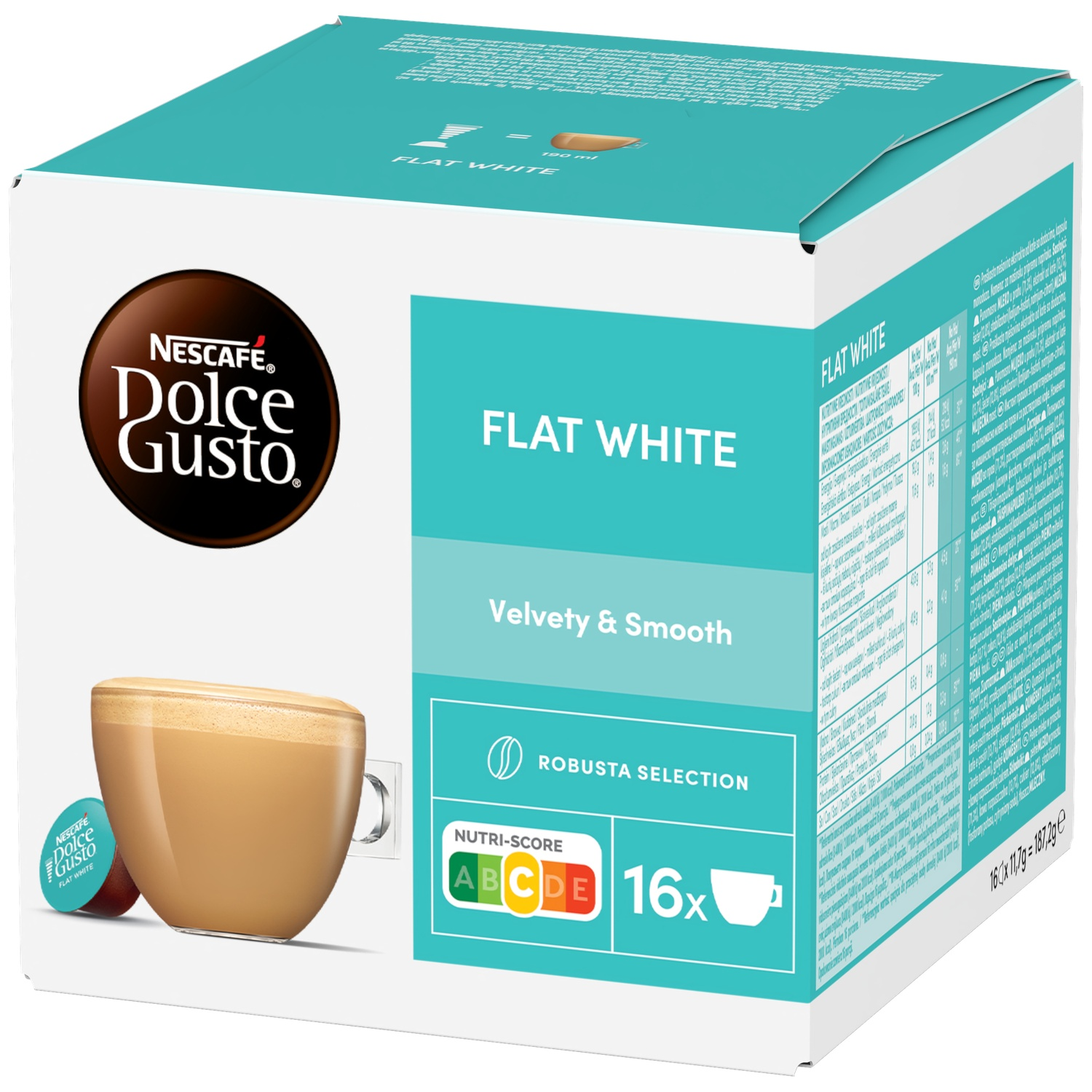 Box of Nescafé Dolce Gusto Flat White with cup and capsules