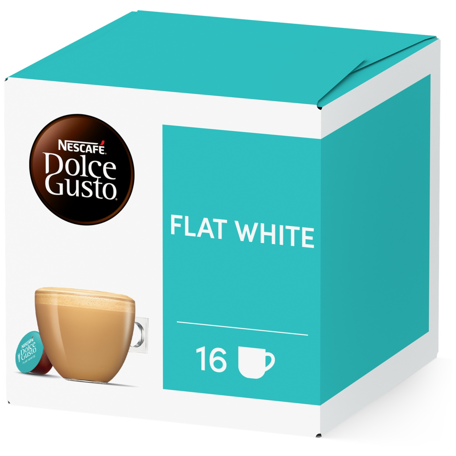 Box of Nescafé Dolce Gusto Flat White with 16 capsules and a cup of coffee.
