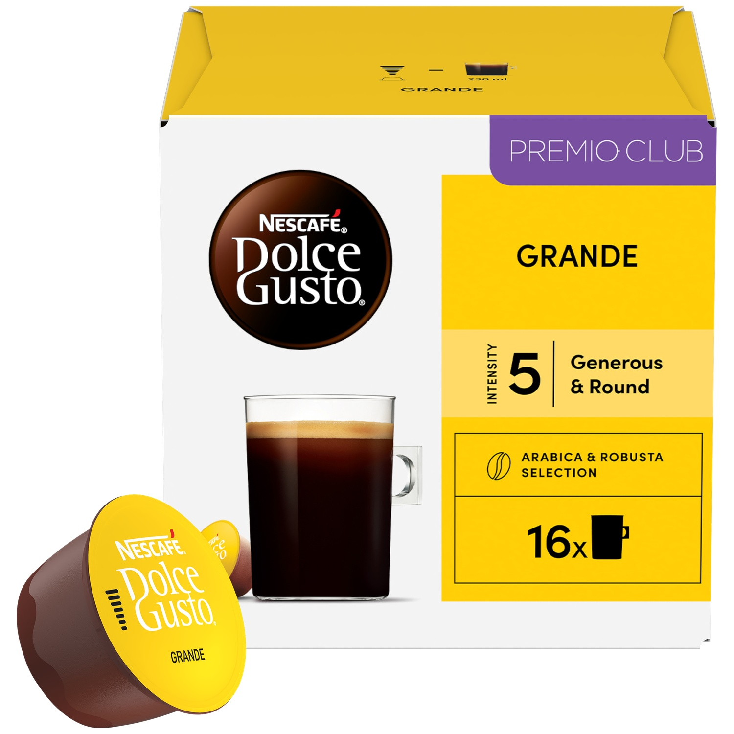 Nescafé Dolce Gusto Grande coffee capsules and a glass of coffee.