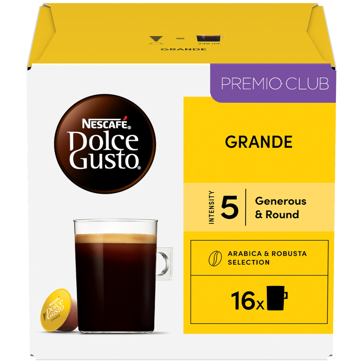 Nescafé Dolce Gusto Grande box with coffee and capsule. Intensity 5.