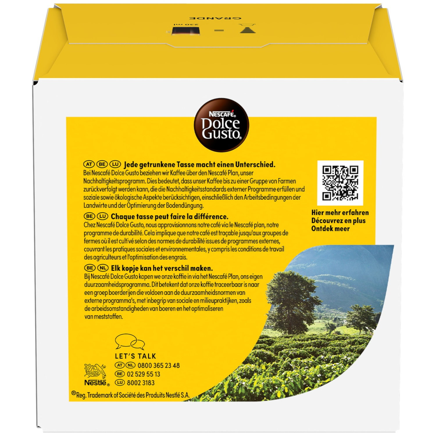 Nescafé Dolce Gusto packaging with text about sustainability and QR code.