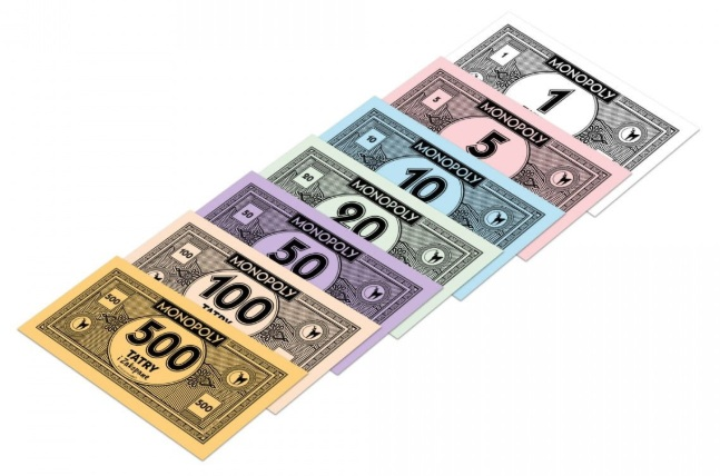 Pieniądze Monopoly w różnych kolorach i nominałach, od 1 do 500.
