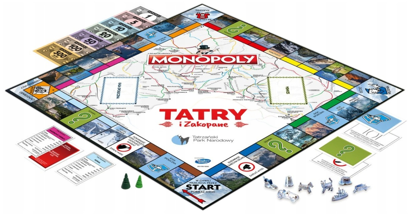 Gra planszowa Monopoly "Tatry i Zakopane" z pieniędzmi, pionkami i kartami.