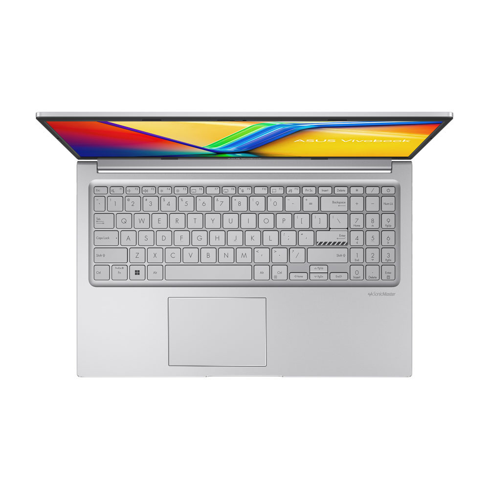 Gümüş ASUS VivoBook dizüstü bilgisayar, açık, klavye, trackpad ve renkli ekranı gösteriyor.