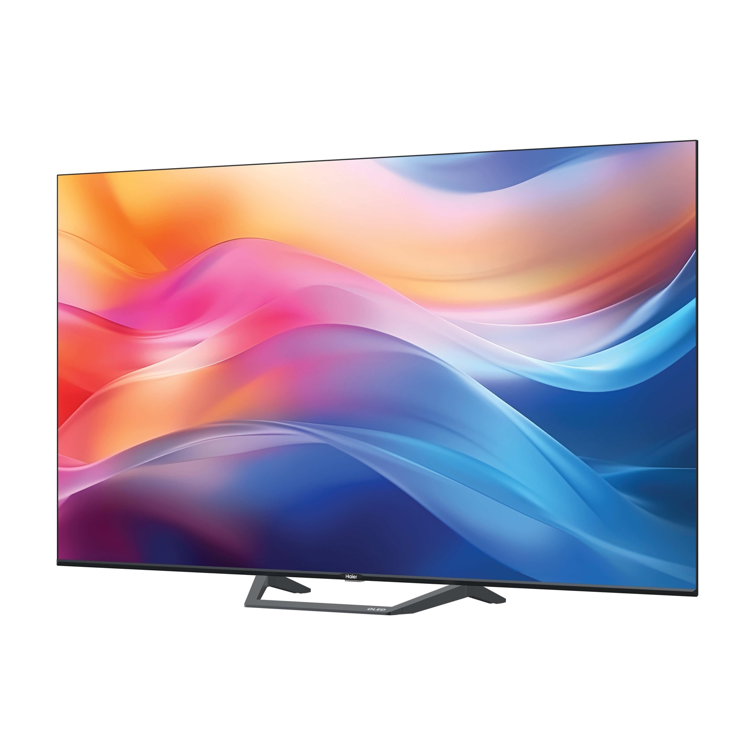 Una TV moderna a schermo piatto con display di sfondo astratto e colorato e un supporto elegante.