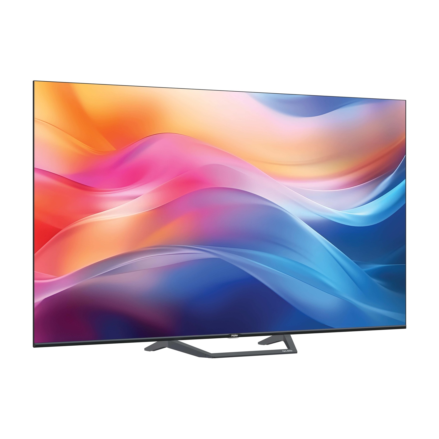 Una moderna TV a schermo piatto mostra un motivo colorato e fluido sullo schermo, su un supporto sottile.