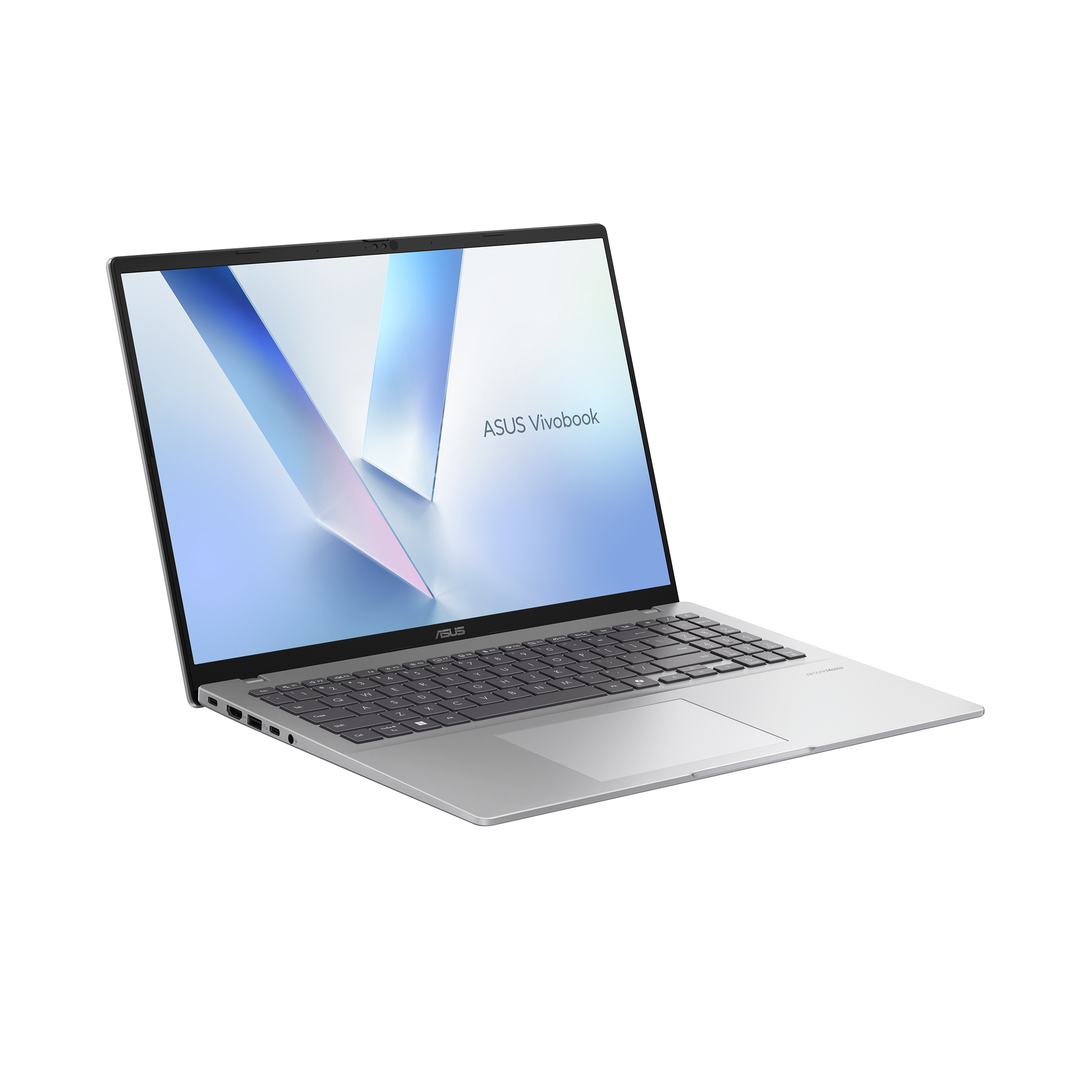 Mavi ve beyaz grafik gösteren gümüş renkli ASUS Vivobook dizüstü bilgisayar.
