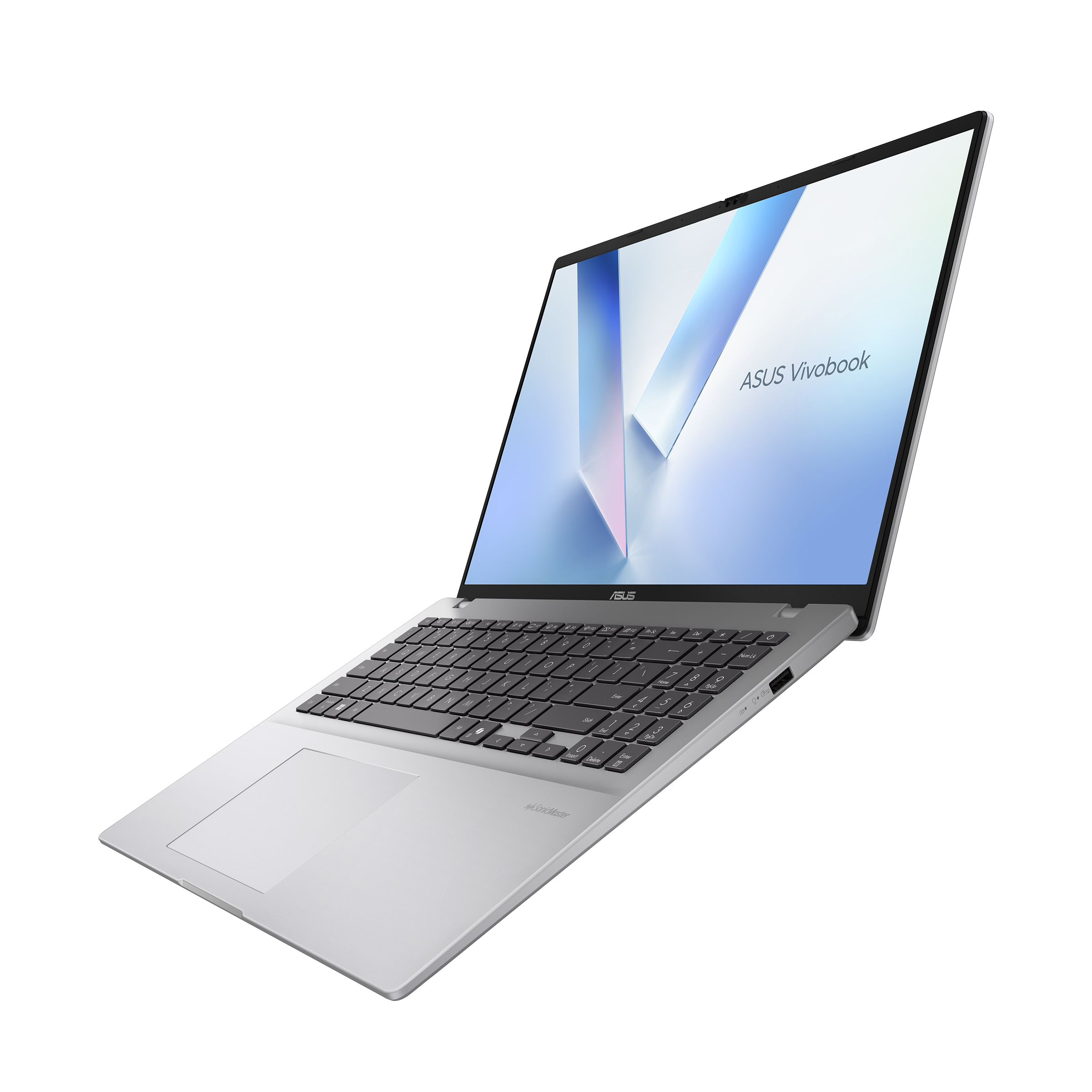 Gümüş renkli Asus Vivobook dizüstü bilgisayar açık, mavi arka planlı ekranı görünüyor.