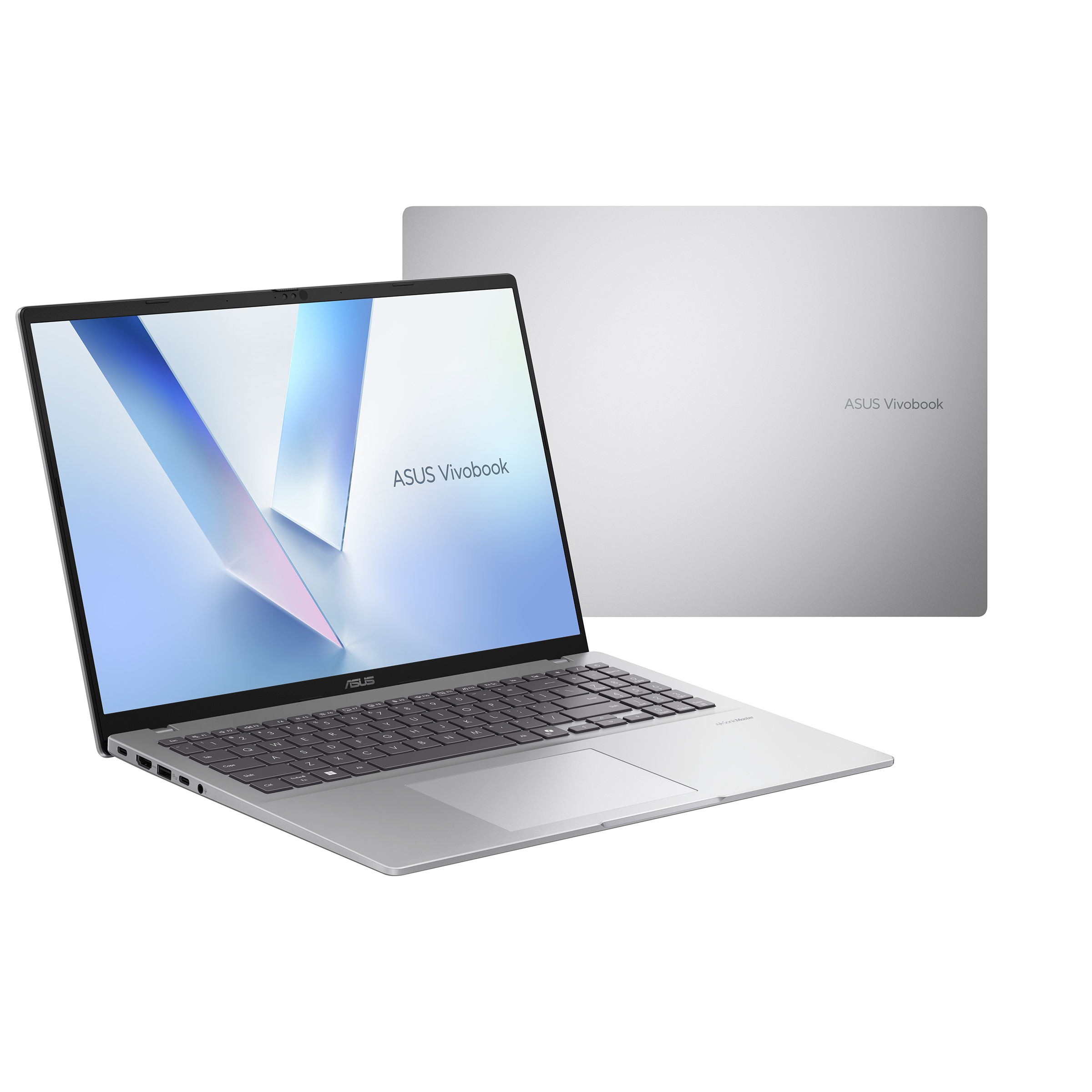 Gümüş renkli ASUS Vivobook diz üstü bilgisayar, açık ve yandan görünüyor.