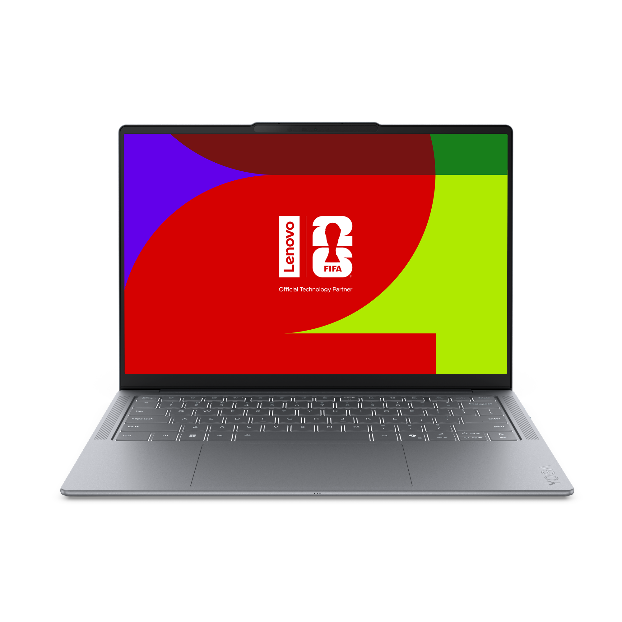 Ein silberner Laptop mit Lenovo-Logo und FIFA-Partnerschaftsanzeige.