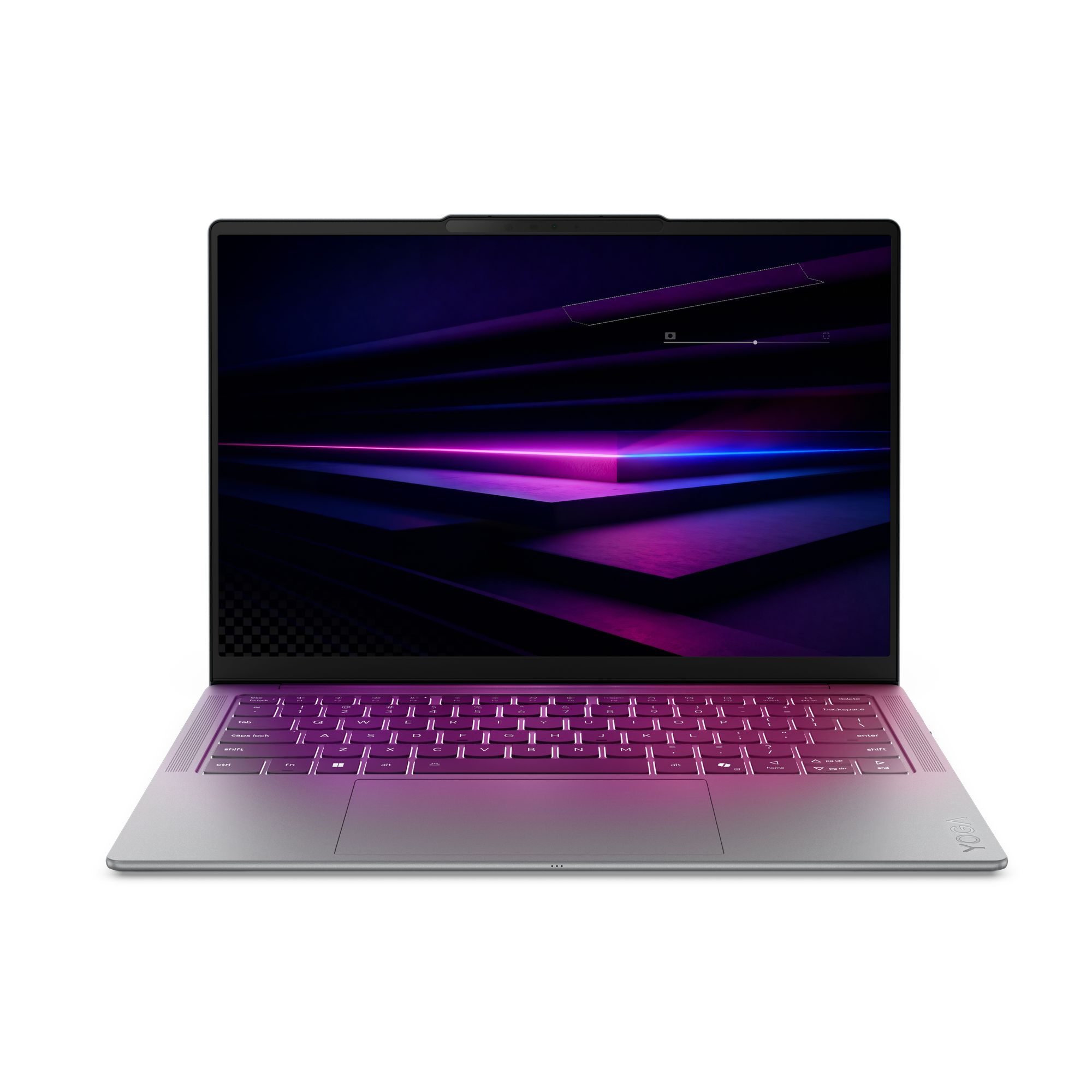 Ein Laptop mit beleuchteter Tastatur und dunklem, abstraktem Hintergrund.