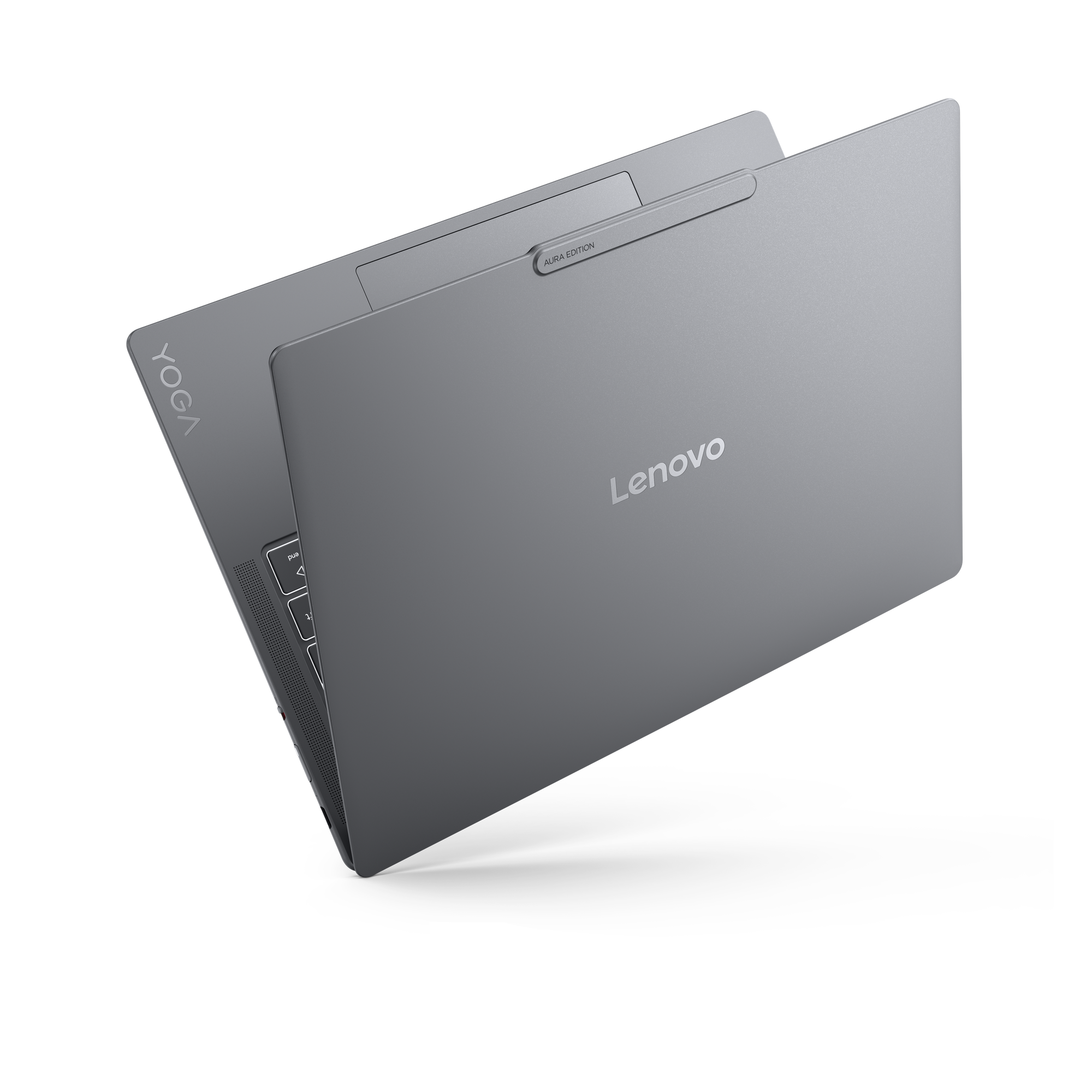 Grauer Lenovo Yoga Laptop mit beleuchteter Tastatur und 'Aura Edition'-Logo.