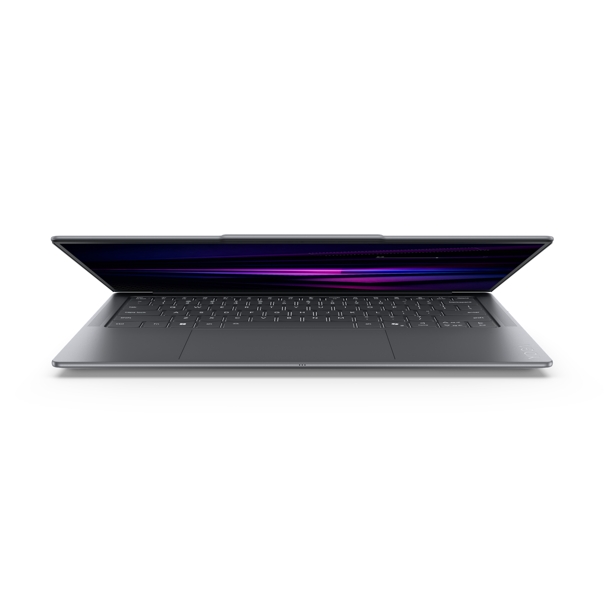 Ein offener, dunkler Laptop mit einem violetten und blauen Hintergrundbild.