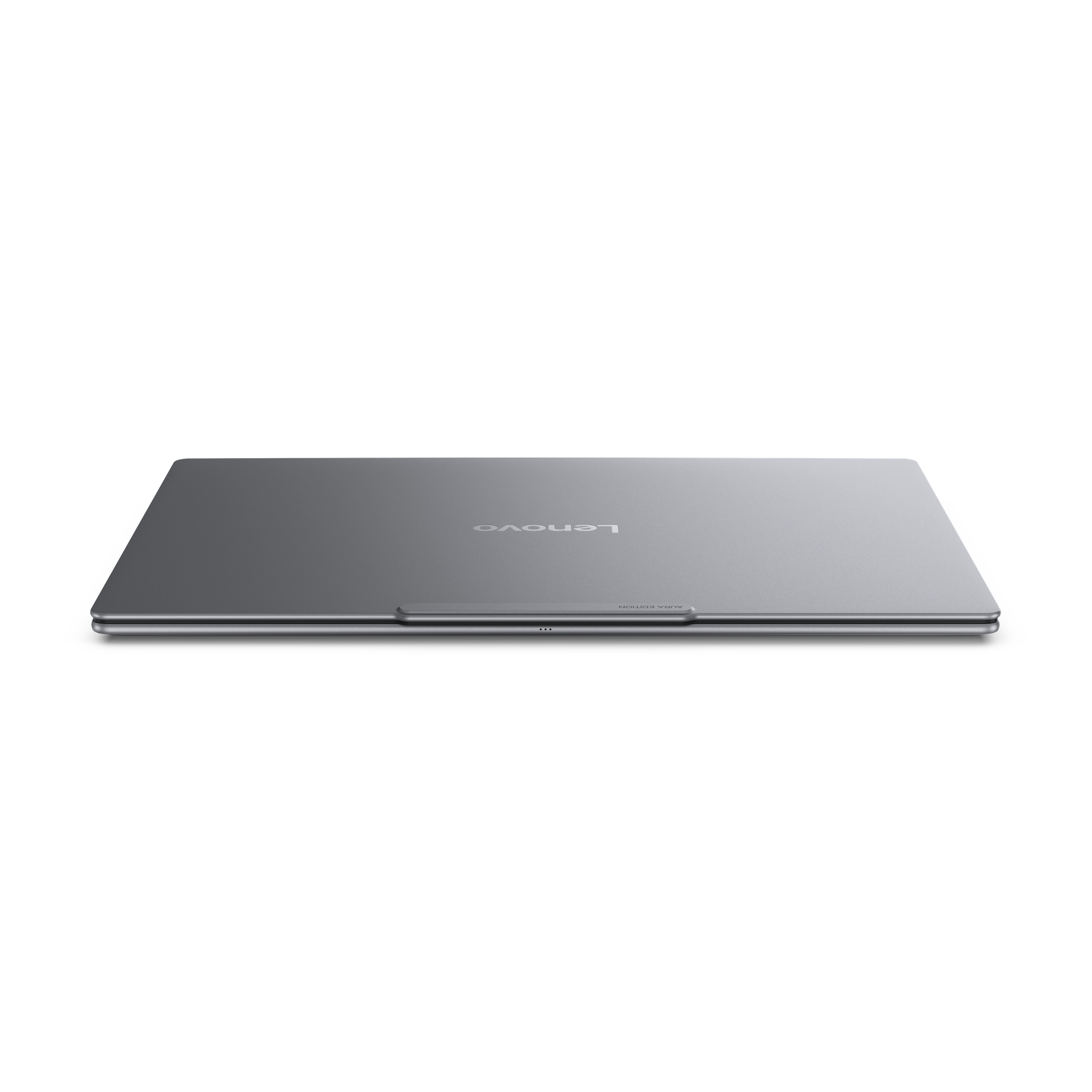 Geschlossenes graues Lenovo Laptop mit Aura Edition-Schriftzug.