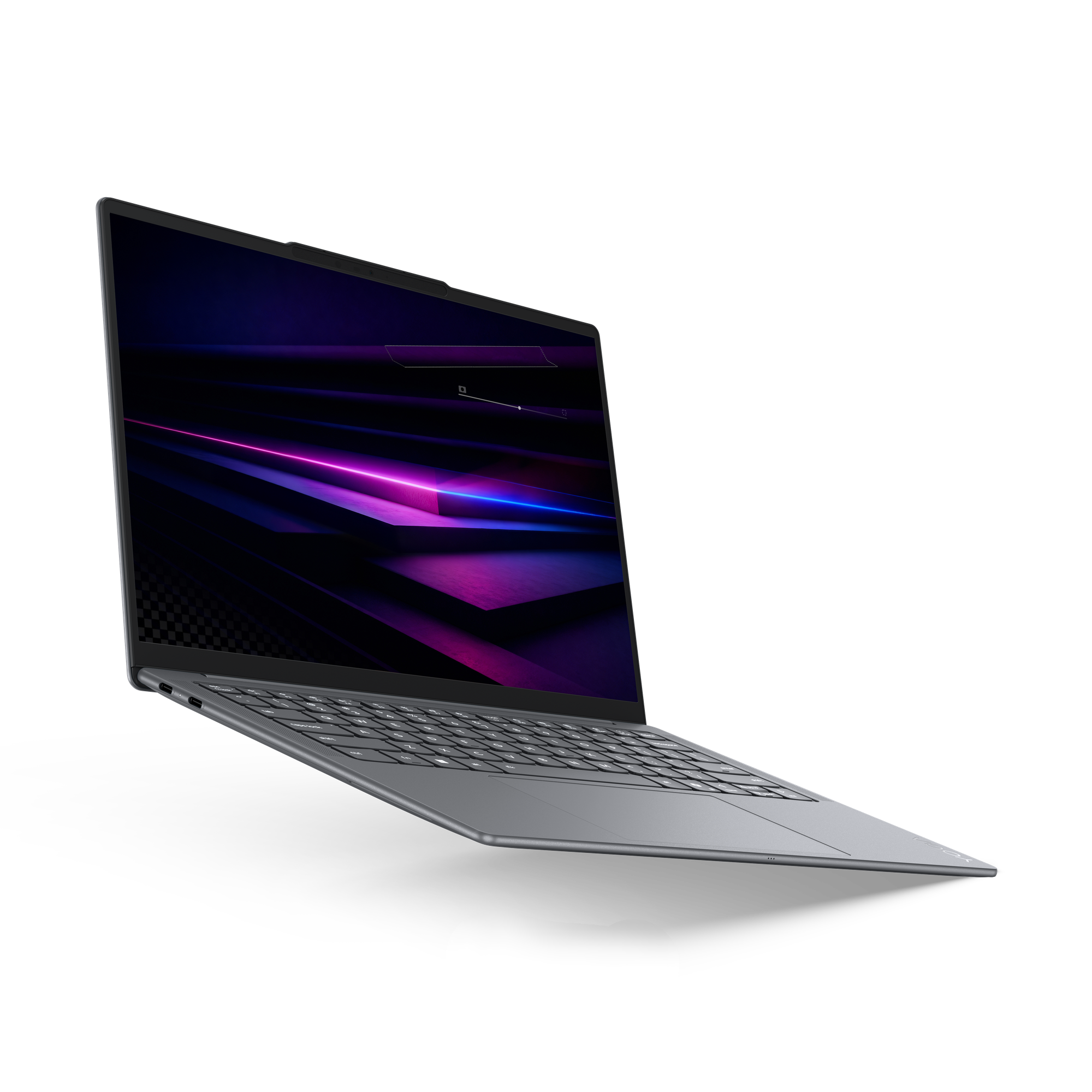 Ein graues Laptop mit einem futuristischen Desktop-Hintergrund mit blauen und violetten Lichtern.