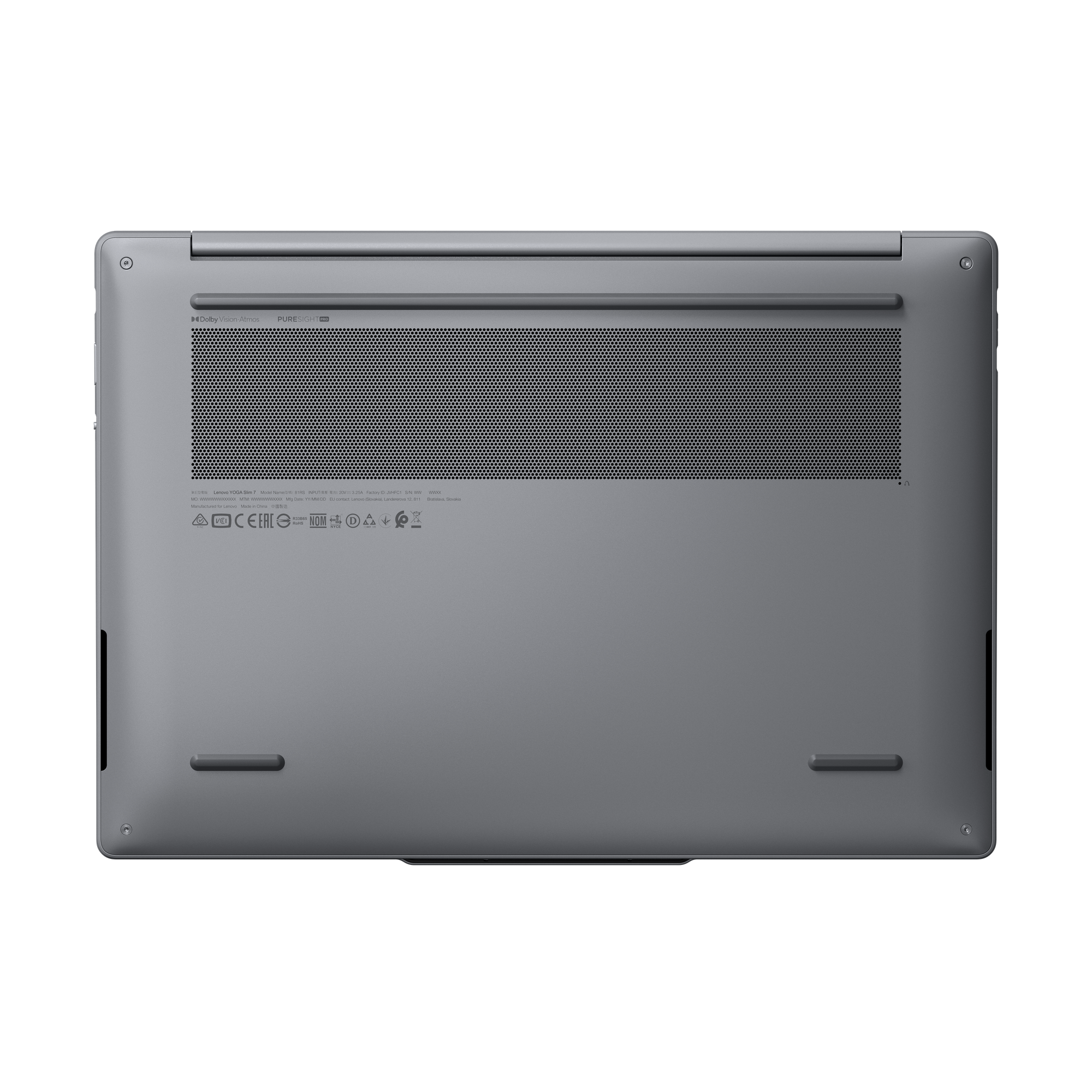 Unterseite eines grauen Laptops mit Lüftungsgitter und Aufklebern.