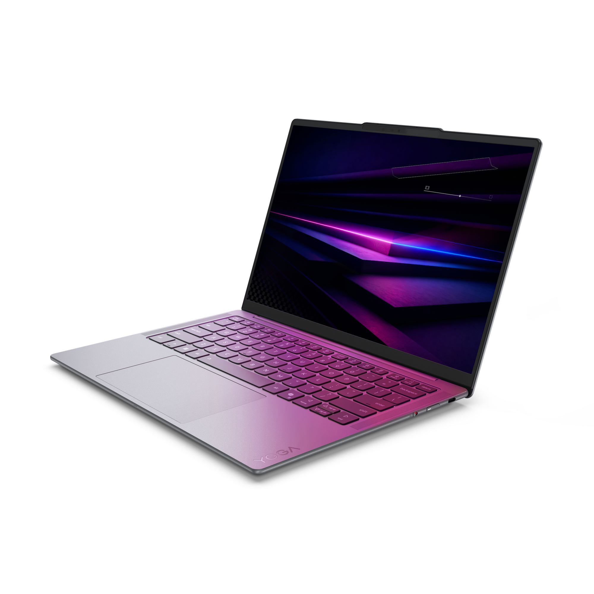 Ein geöffneter, schlanker Laptop mit violetter Tastatur und blau-violem Bildschirmhintergrund.