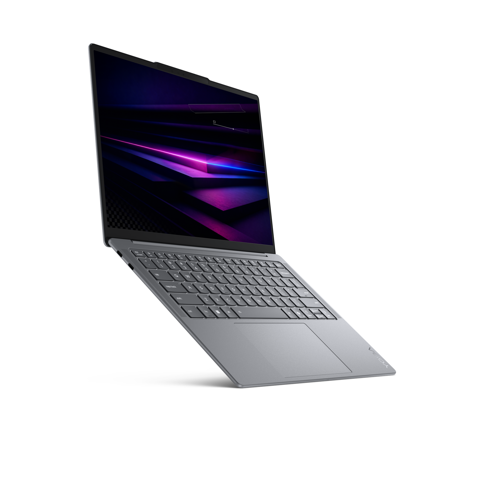 Ein silberner Laptop mit einem violett-blauen, abstrakten Hintergrund. Die Tastatur ist sichtbar.