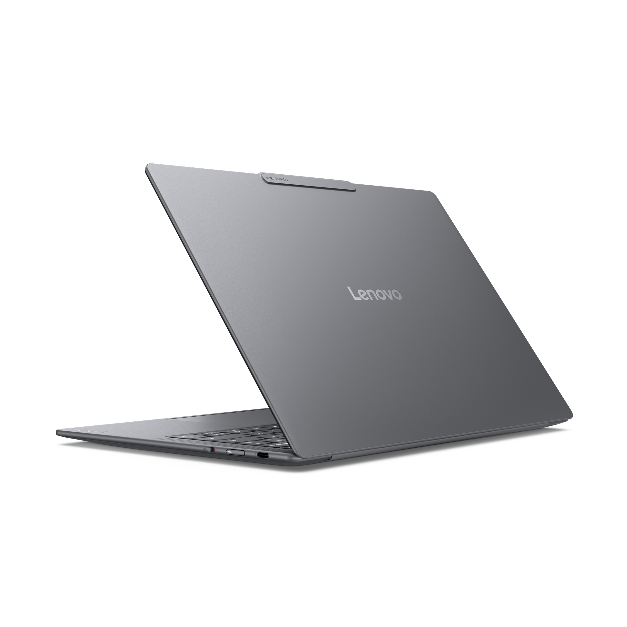 Grauer Lenovo Laptop mit aufklappbarem Bildschirm, auf schwarzem Hintergrund.