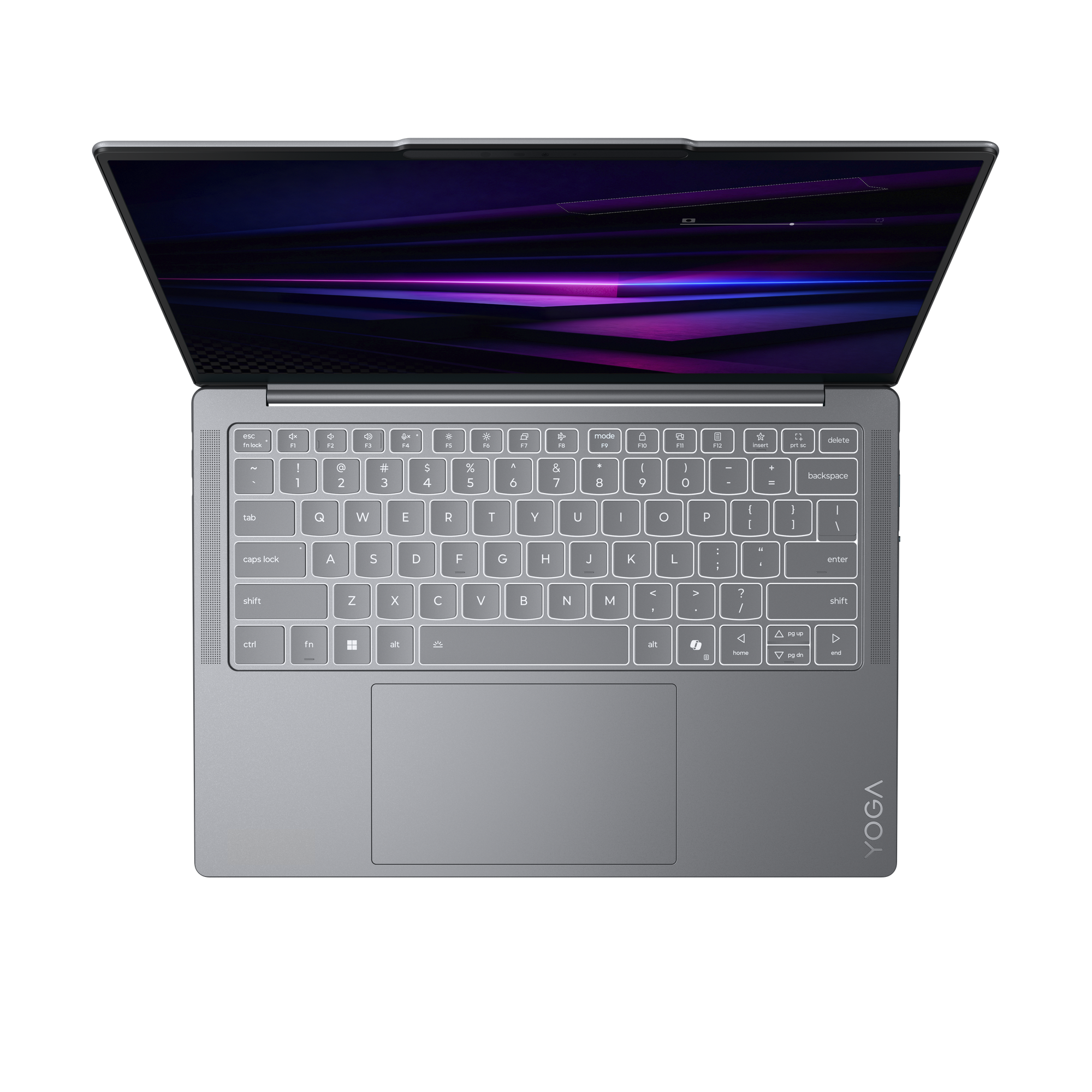Offener silberner Laptop mit dunklem Bildschirm, der abstrakte lila und blaue Lichtmuster zeigt.