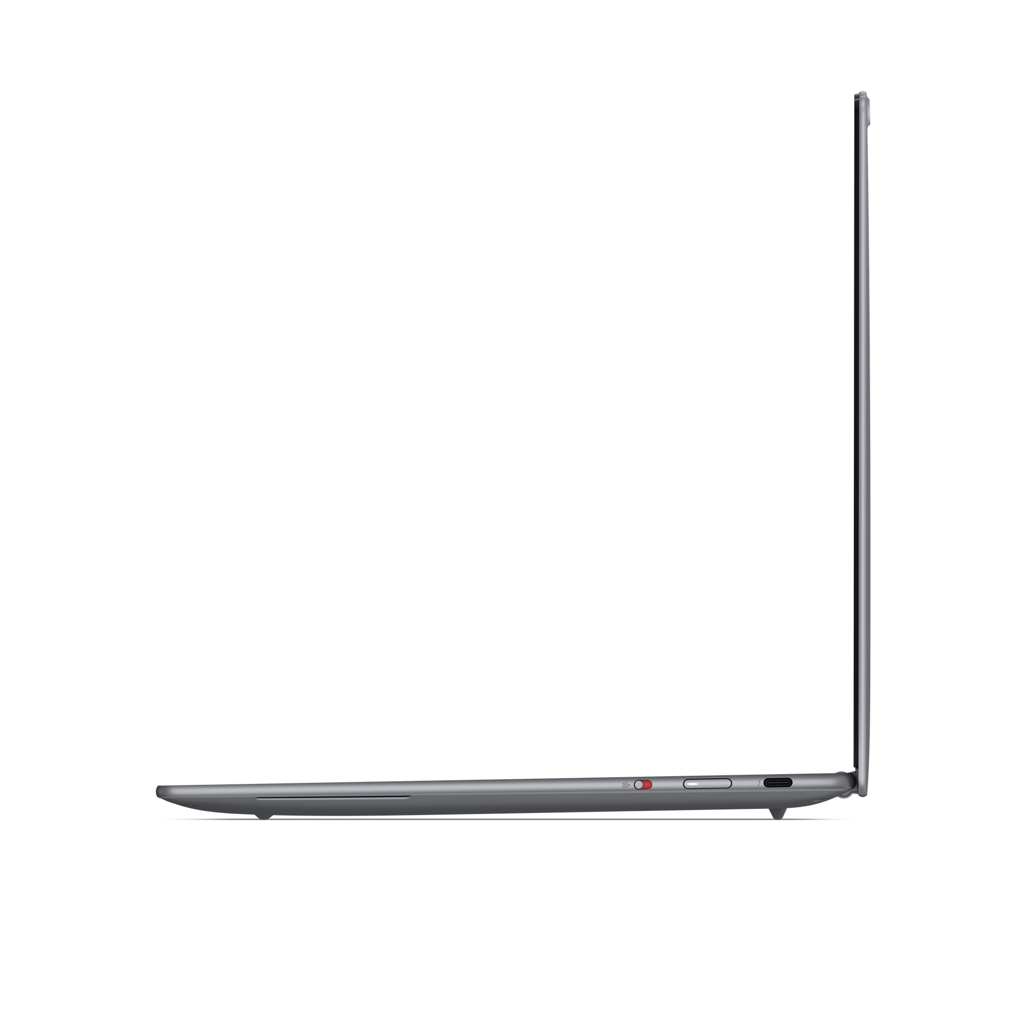 Graues Laptop im Profil mit geöffnetem Bildschirm. Anschlüsse seitlich.