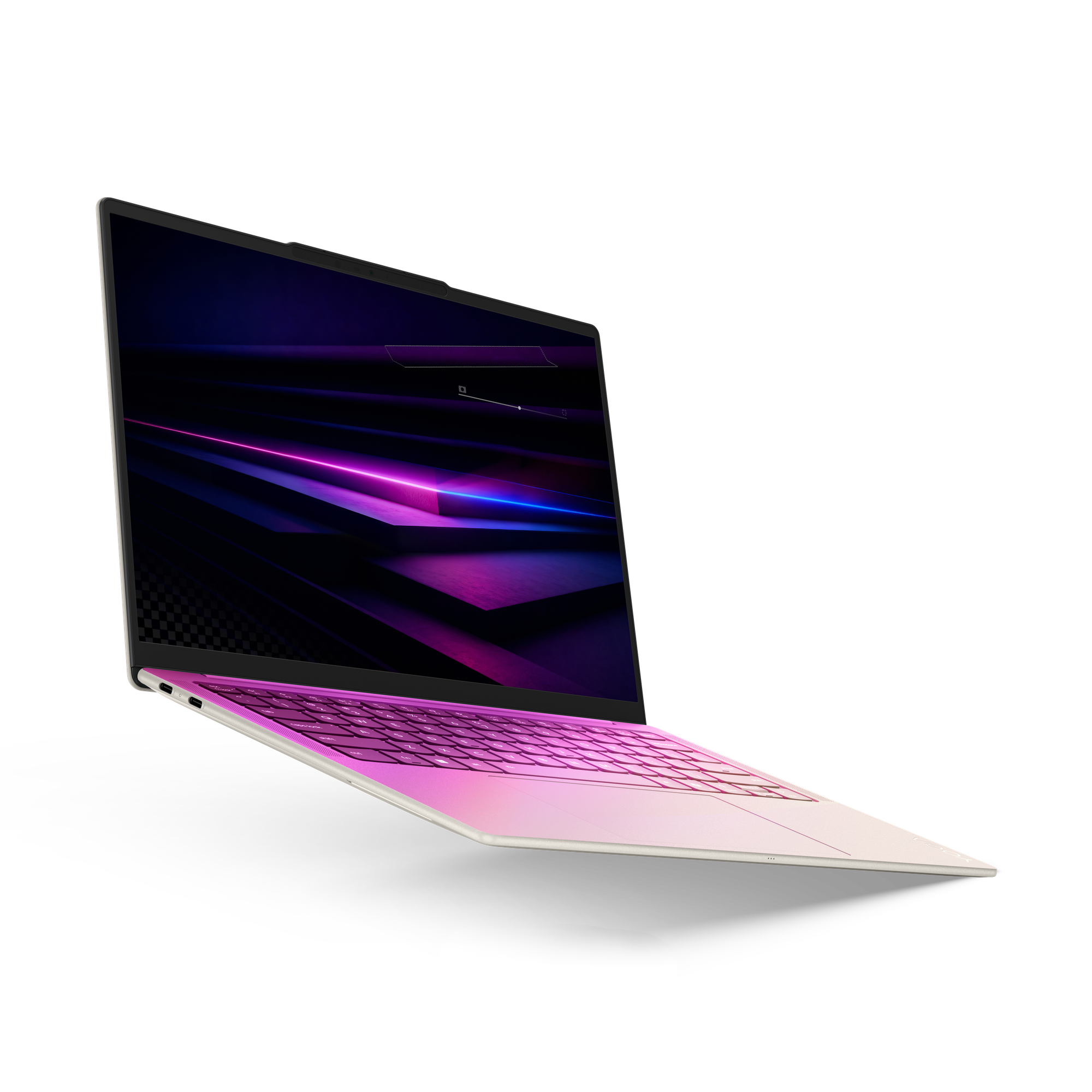 Ein geöffneter Laptop mit pinker Tastatur und einem abstrakten Hintergrund auf dem Bildschirm.