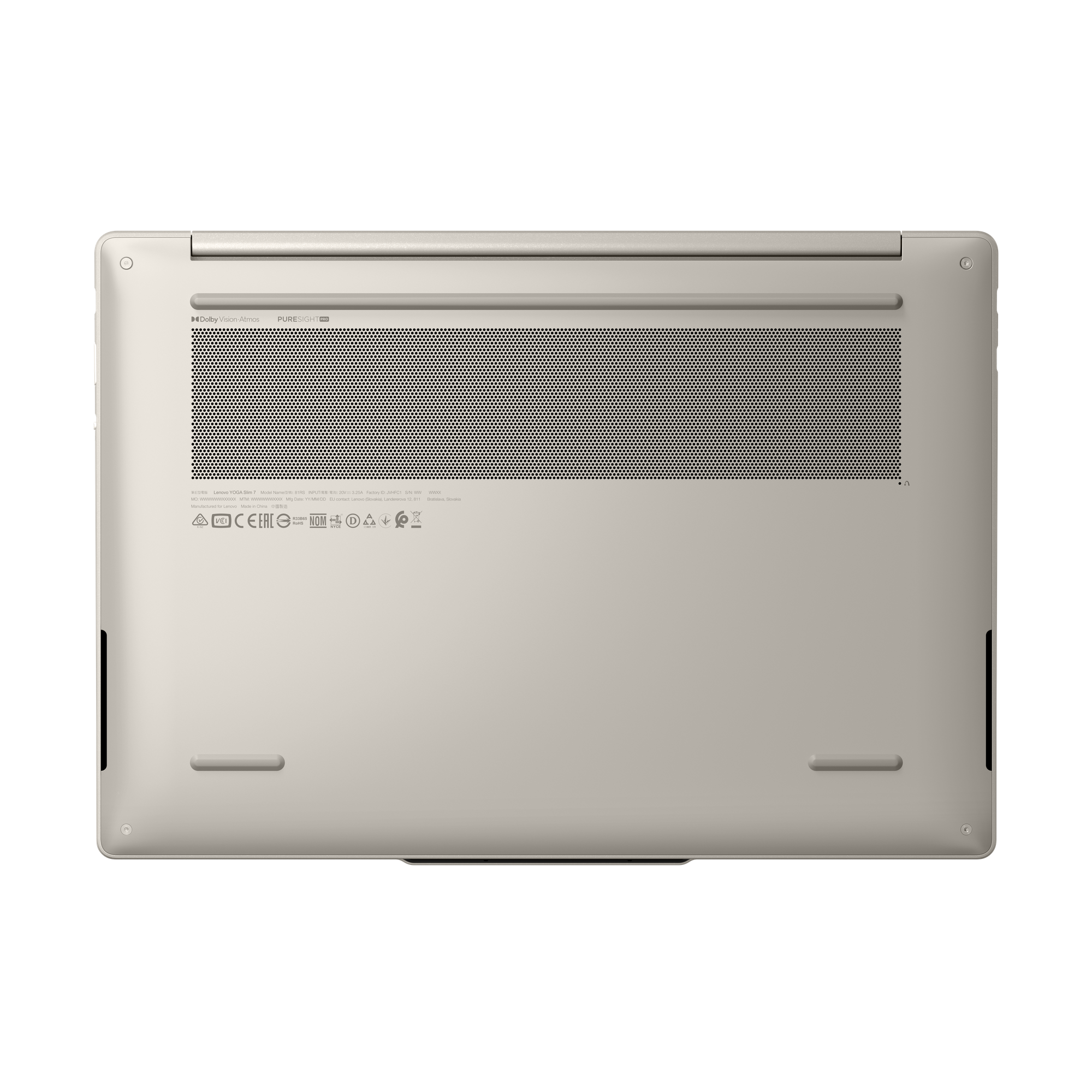 Unterseite eines silbernen Laptops mit Lüftungsschlitzen und Zertifizierungslogos.