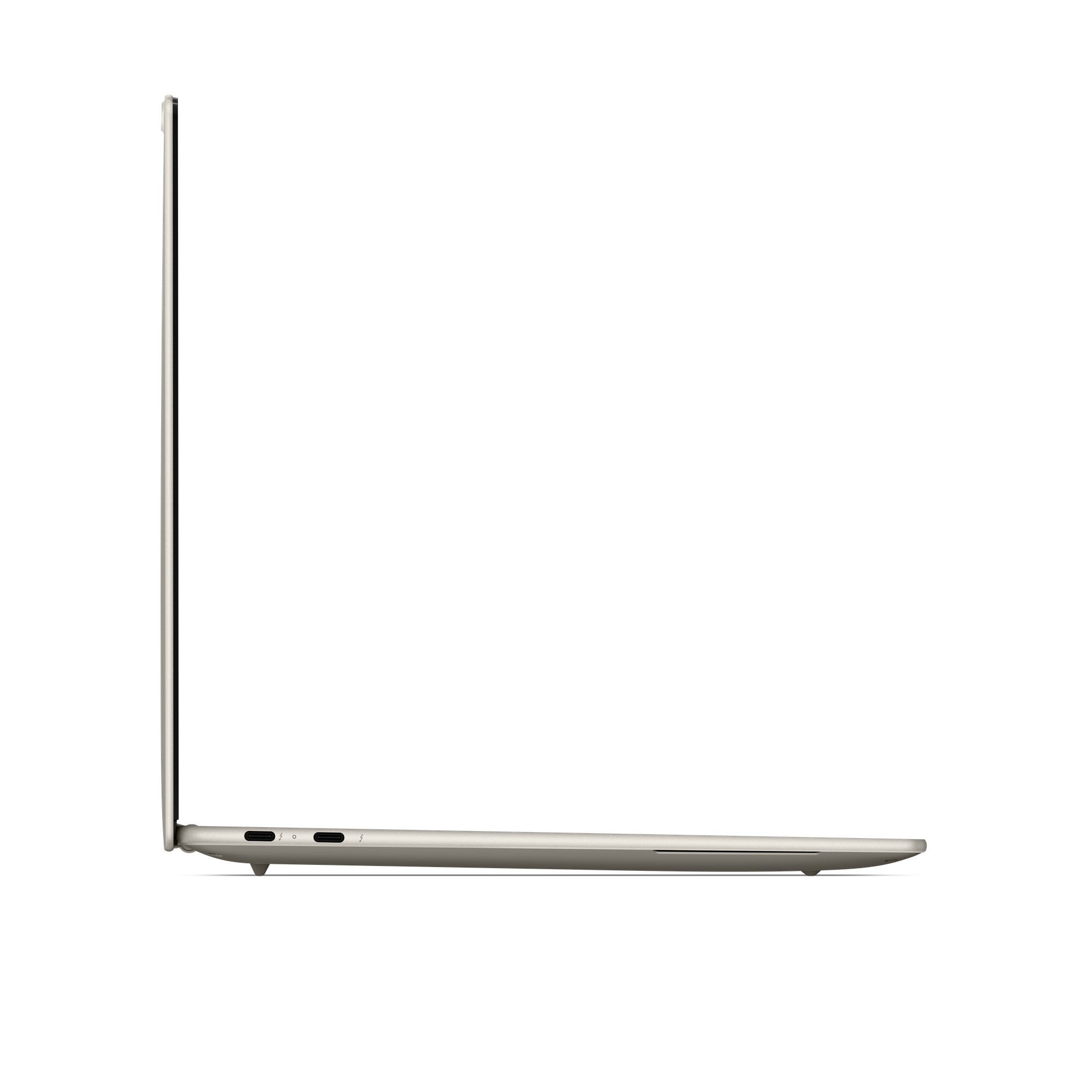 Ein dünnes, silbernes Notebook mit USB-C-Anschlüssen im Profil.