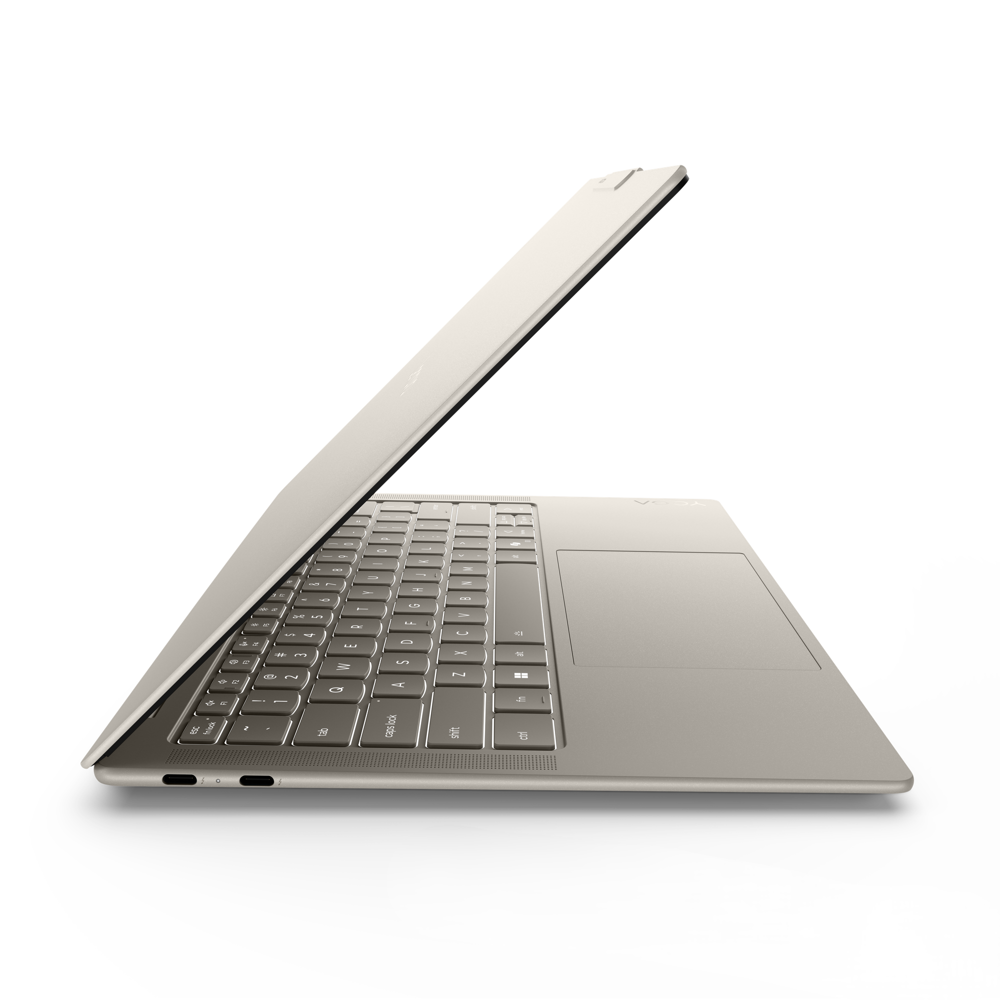 Ein silberner Laptop mit aufgeklapptem Bildschirm, Tastatur und Touchpad.