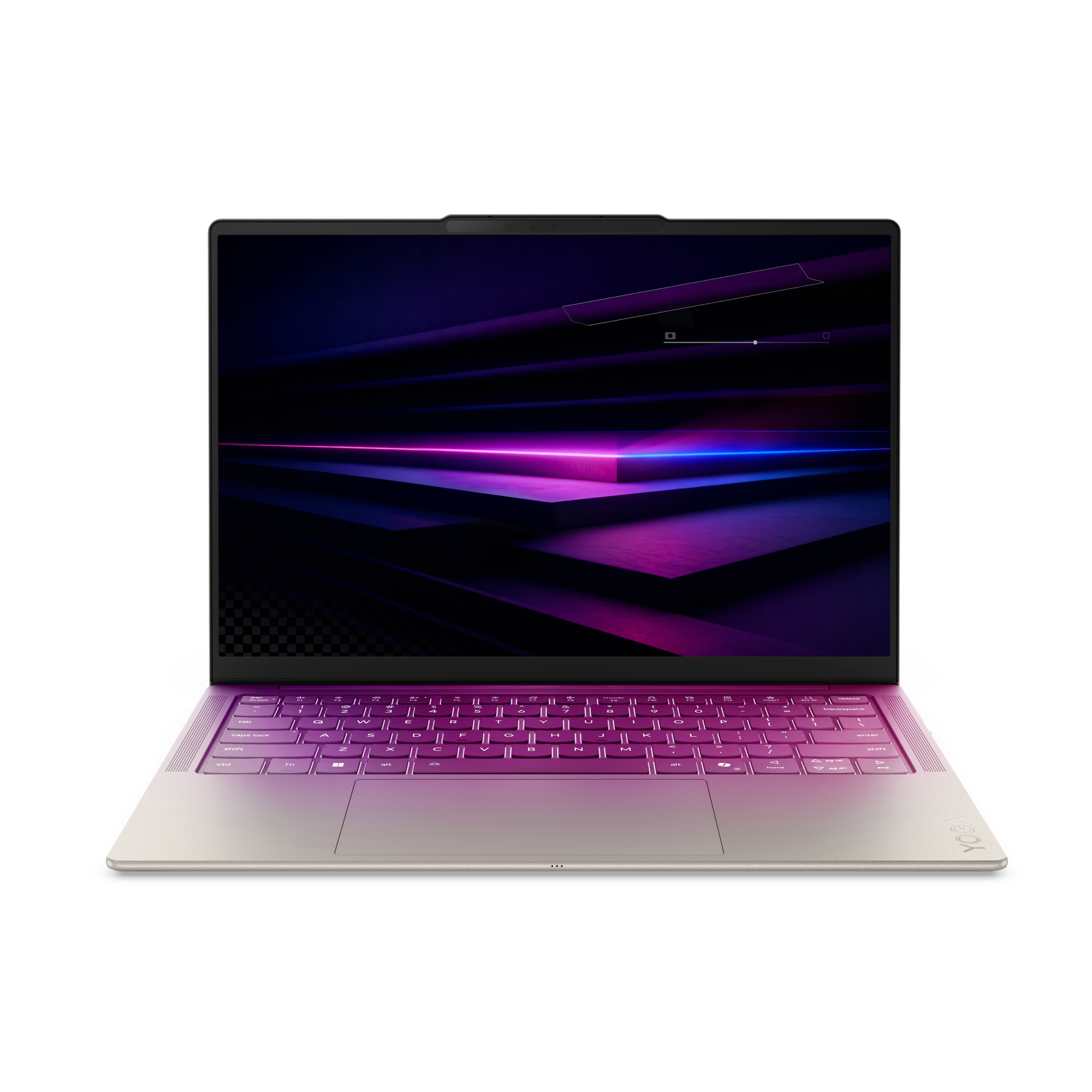 Ein schlanker, geöffneter Laptop mit einer lila Tastatur und einem dunklen Bildschirm, der abstrakte Kunst zeigt.