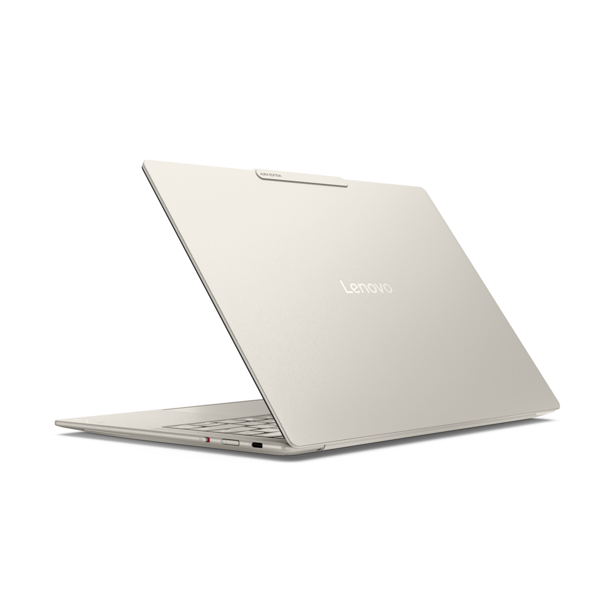 Ein hellbeiger Lenovo Laptop, von hinten gesehen, mit offenem Bildschirm.