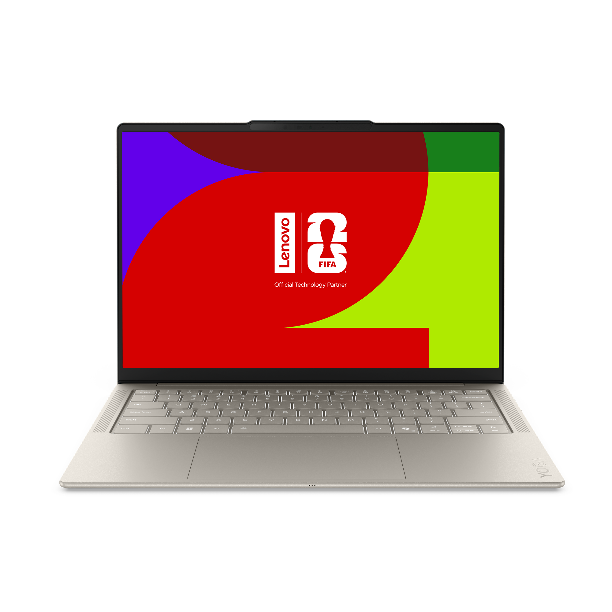 Ein silberner Lenovo Laptop mit einem bunten Hintergrund und dem FIFA-Logo.
