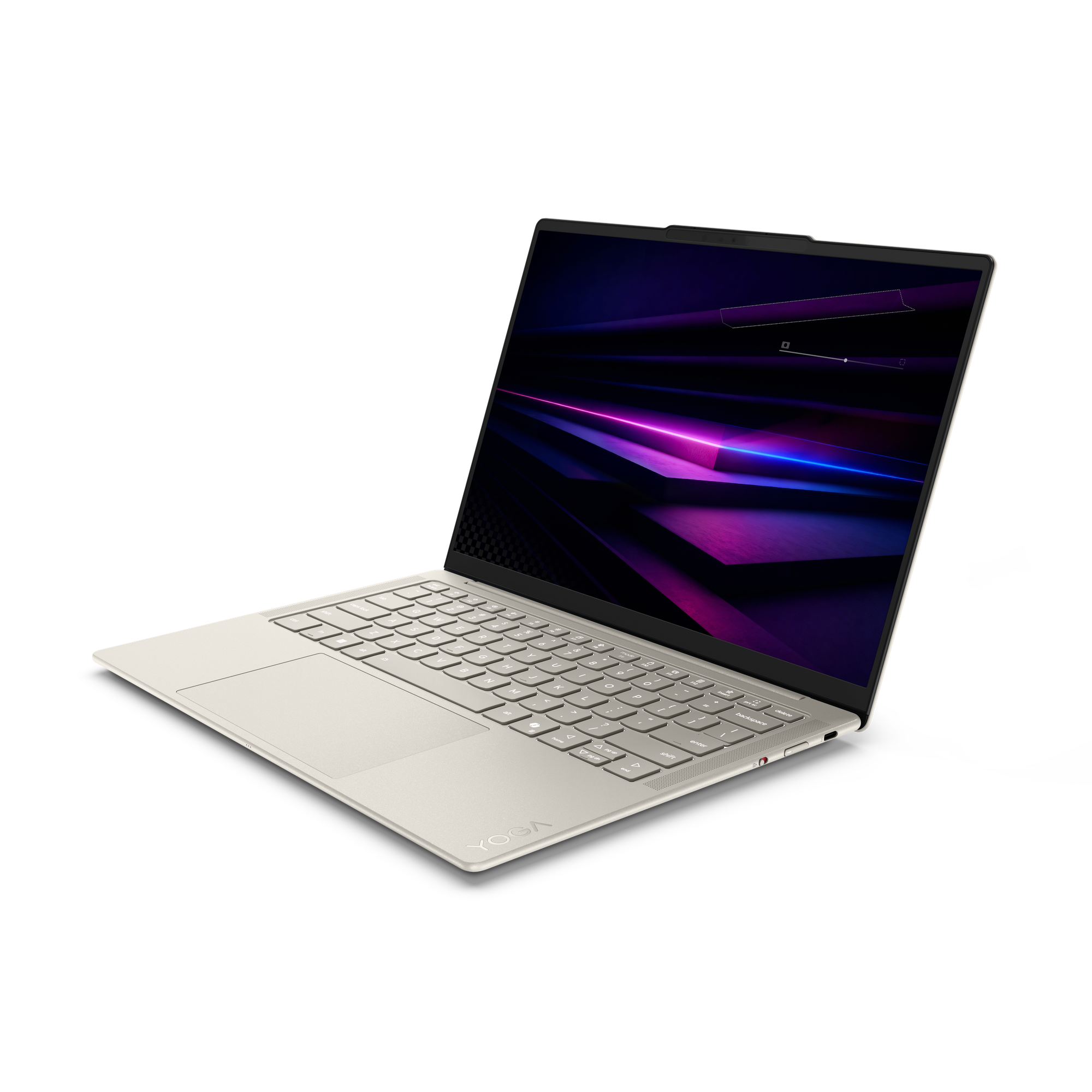 Ein hellbeiger Laptop mit leuchtendem Bildschirm auf schwarzem Hintergrund.