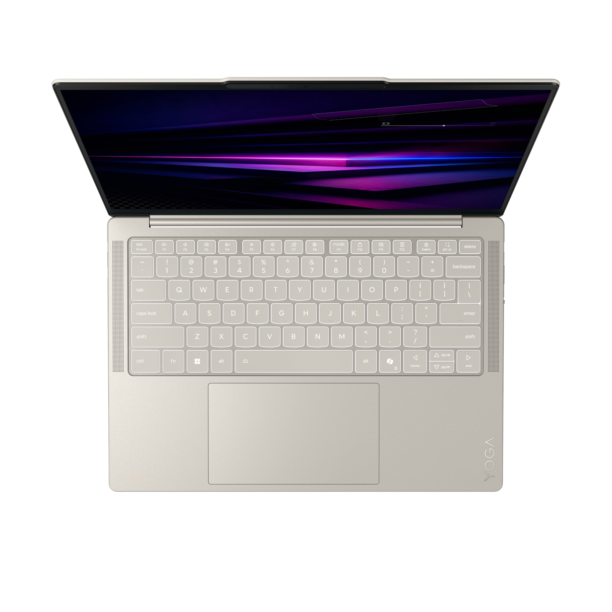 Ein hellbeiger Laptop mit geöffnetem Bildschirm, beleuchteter Tastatur und schwarzem Hintergrund.