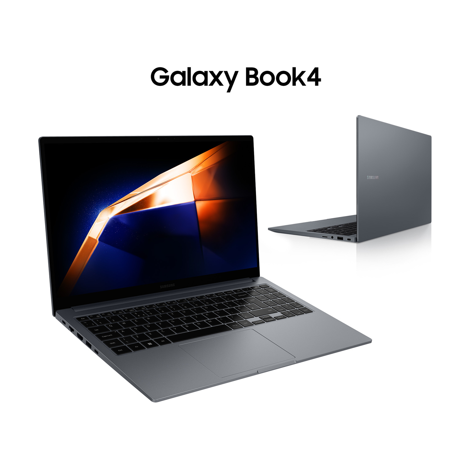 Due laptop Samsung Galaxy Book4 grigi su sfondo bianco.