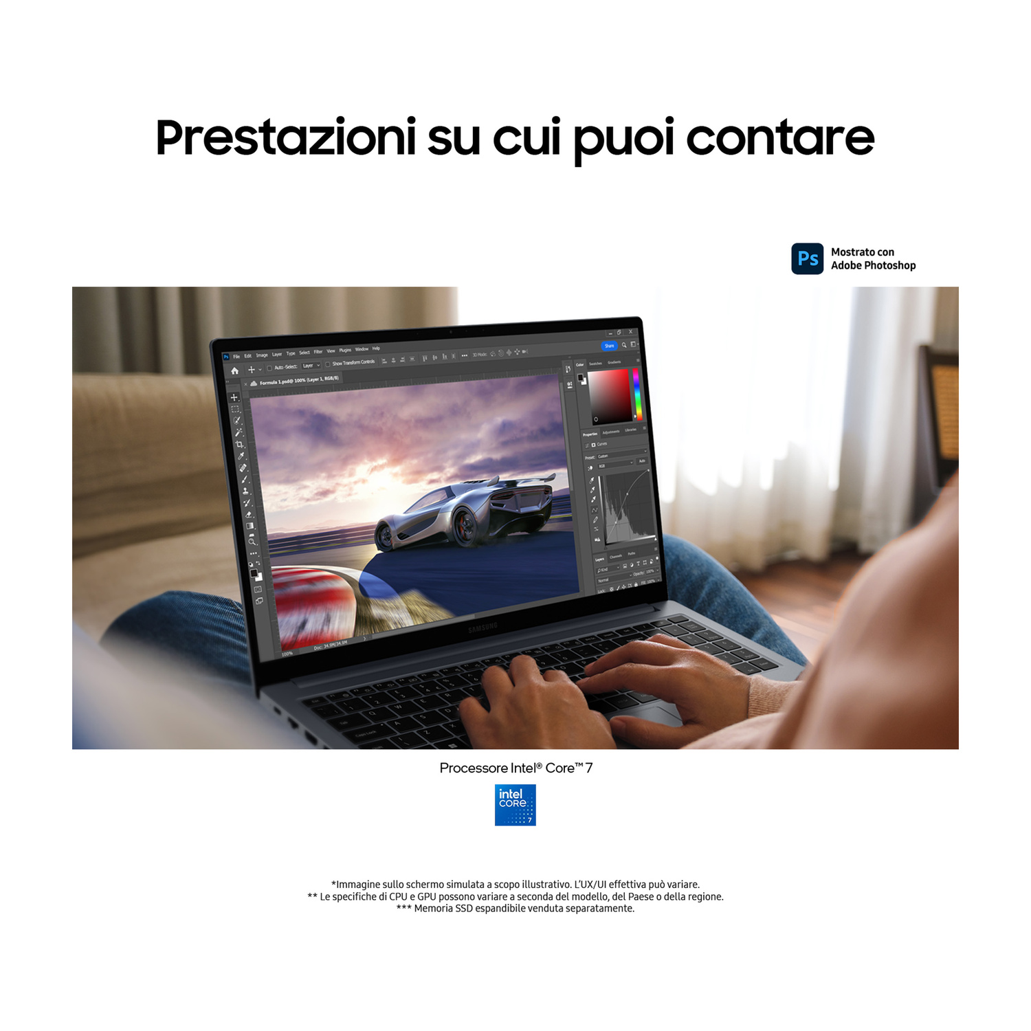 Persona edita immagine auto da corsa su laptop con processore Intel Core 7.