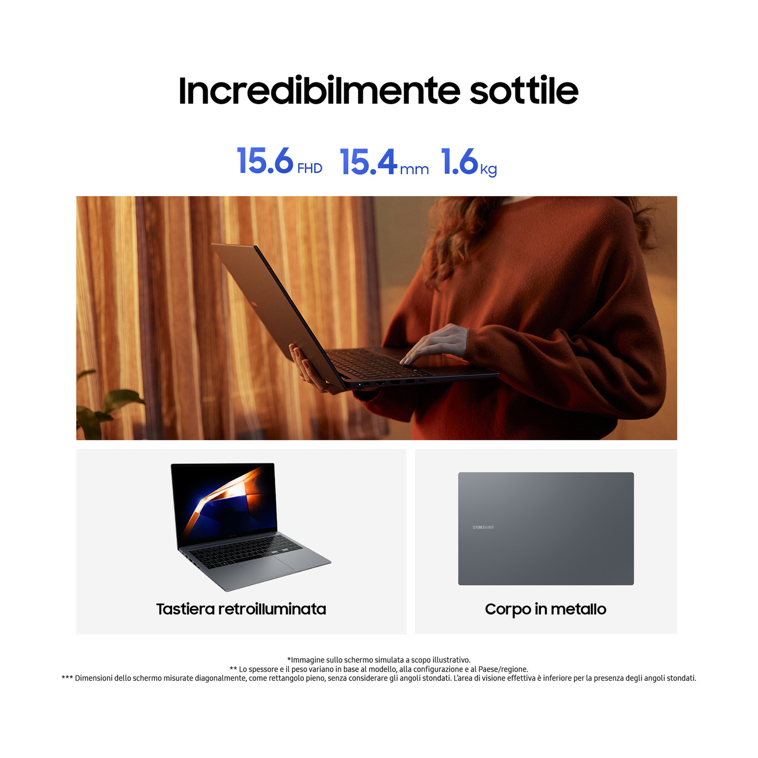 Un laptop Samsung sottile con tastiera retroilluminata e corpo in metallo.