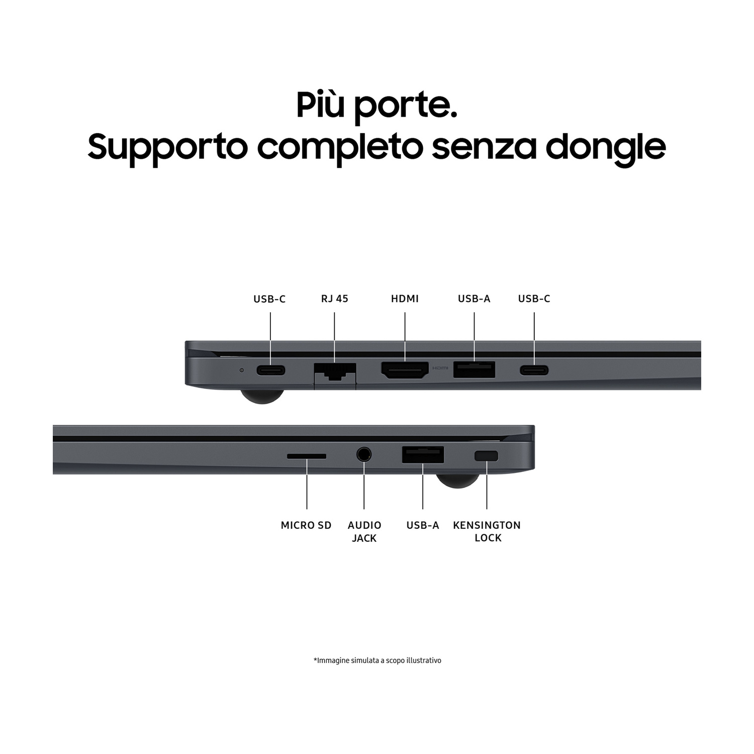 Porte del laptop: USB-C, RJ45, HDMI, USB-A, Micro-SD, jack audio, Kensington Lock.