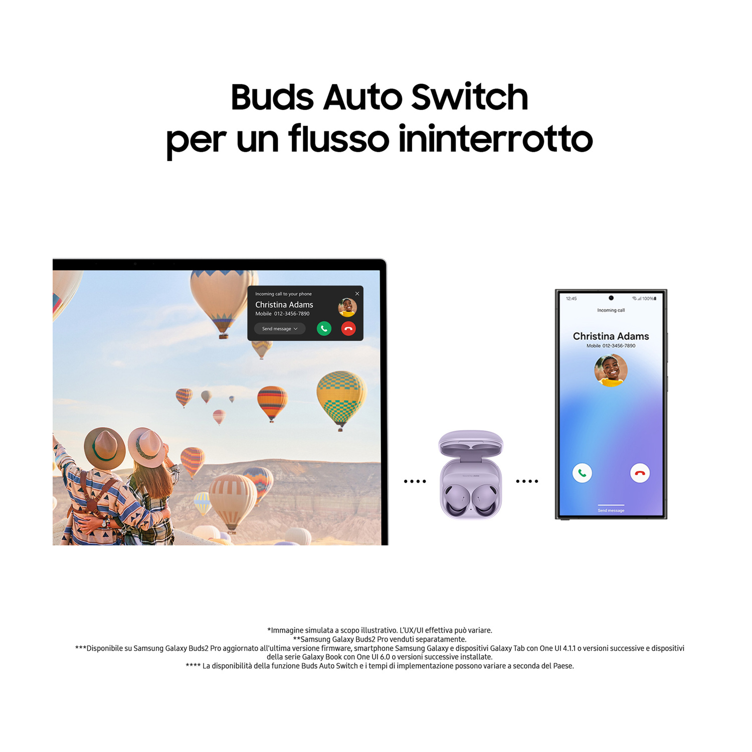Chiamata su laptop, telefono e auricolari. Mongolfiere nel cielo.