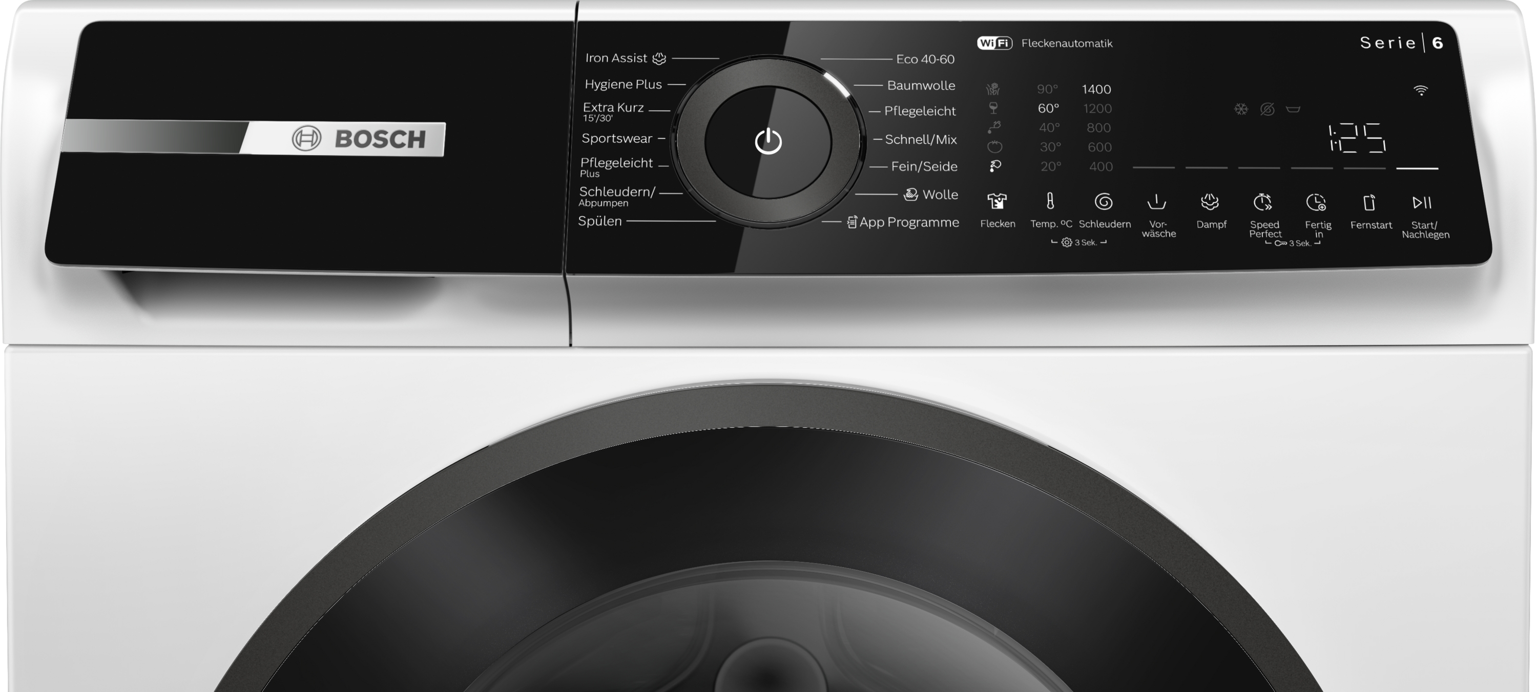 Bosch Waschmaschine Bedienfeld mit Programmauswahl und digitaler Anzeige.
