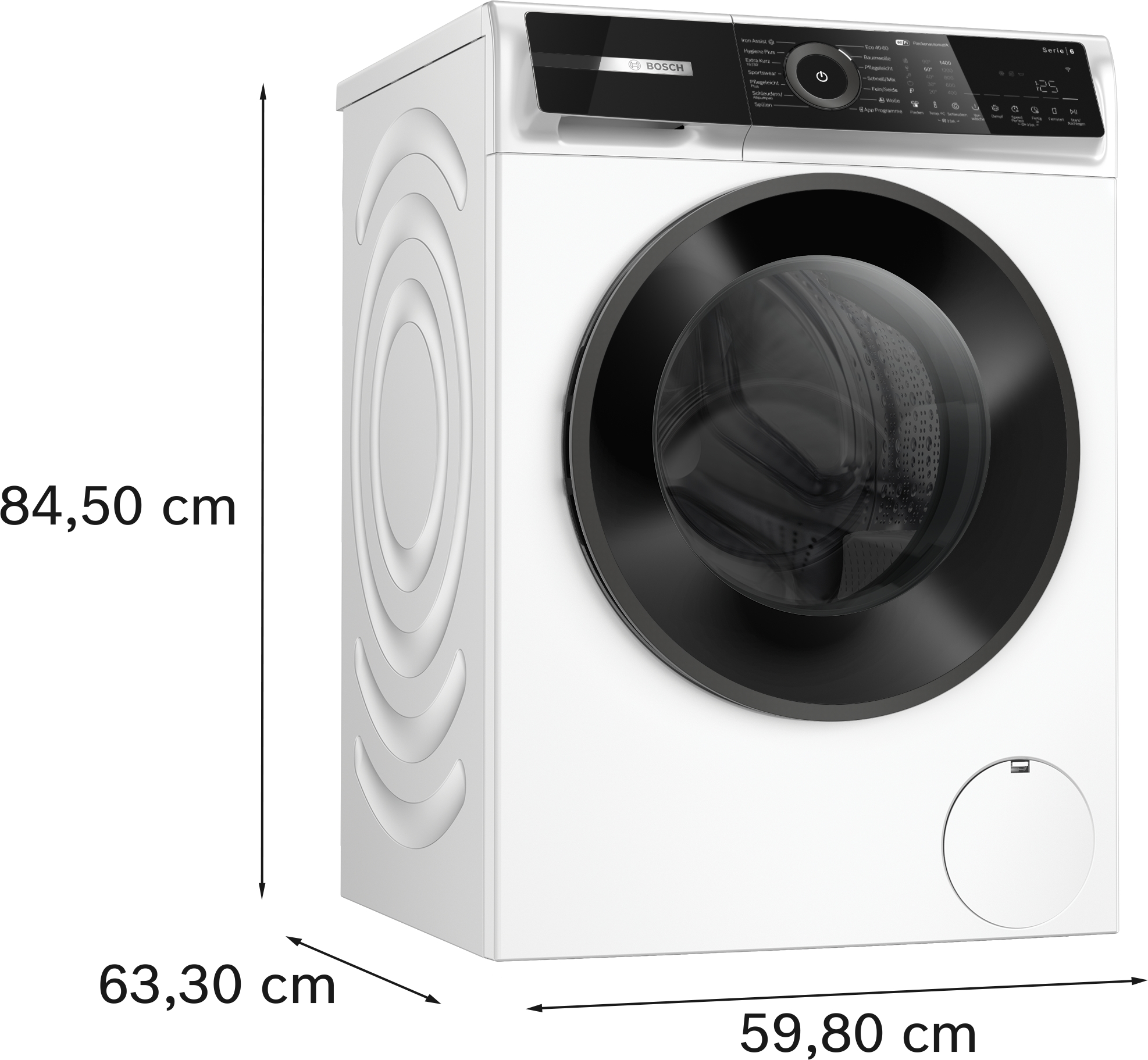 Eine weiße Bosch Waschmaschine Serie 6 mit schwarzer Tür und Display. Maße sind angegeben.